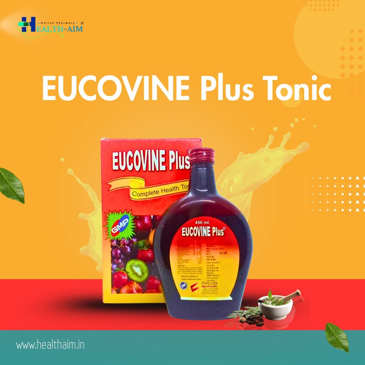 Ayurvedic Eucovine Plus Tonic & Health Aim Capsule 450ml + 50Cap Combo Pack - HEALTH AIM PHARMACY