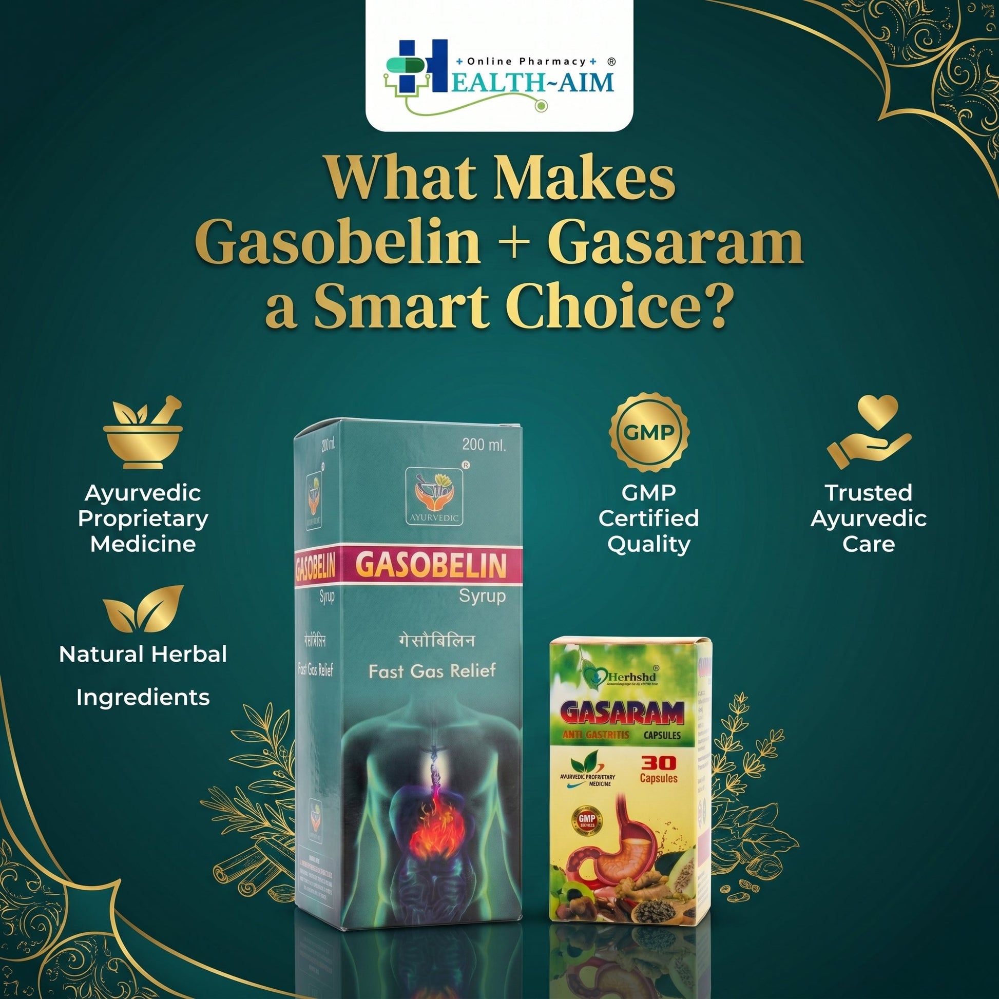 Ayurvedic Fast Gas Relief Gasobelin Syrup & Gasaram Capsule Combo | 200ml + 30Caps | Combo Pack - HEALTH AIM PHARMACY