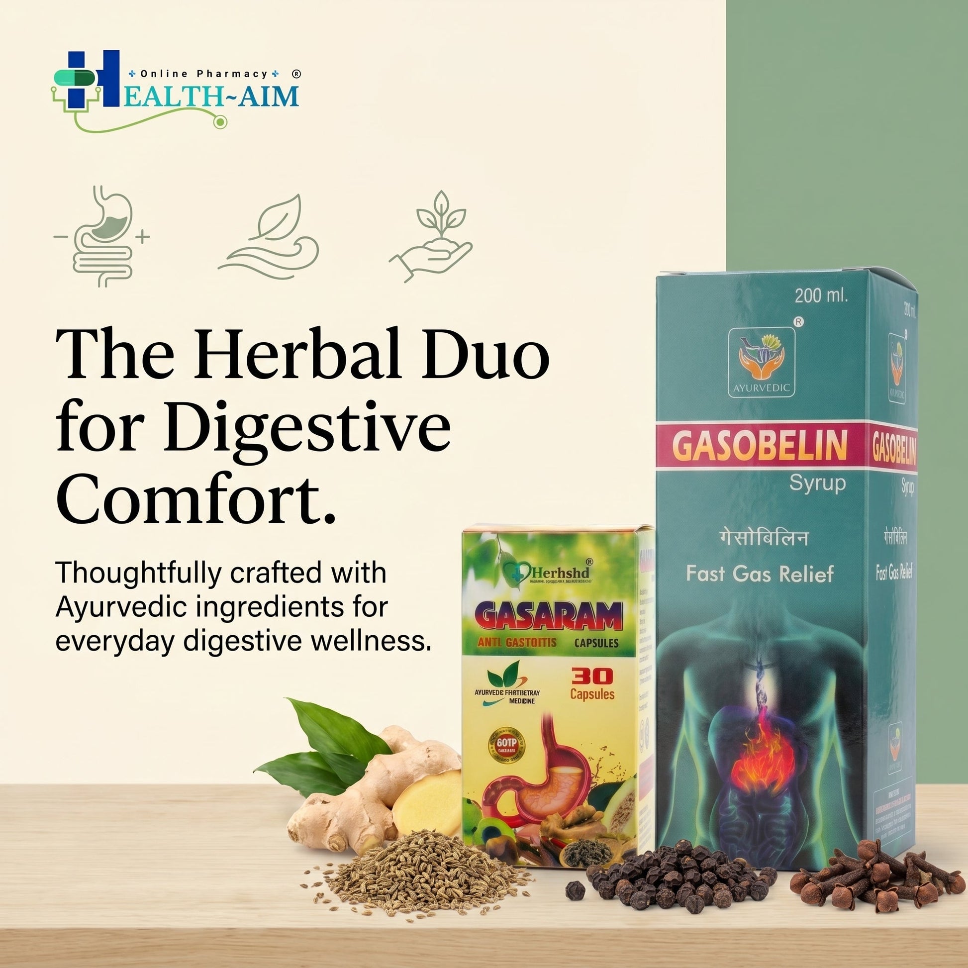Ayurvedic Fast Gas Relief Gasobelin Syrup & Gasaram Capsule Combo | 200ml + 30Caps | Combo Pack - HEALTH AIM PHARMACY
