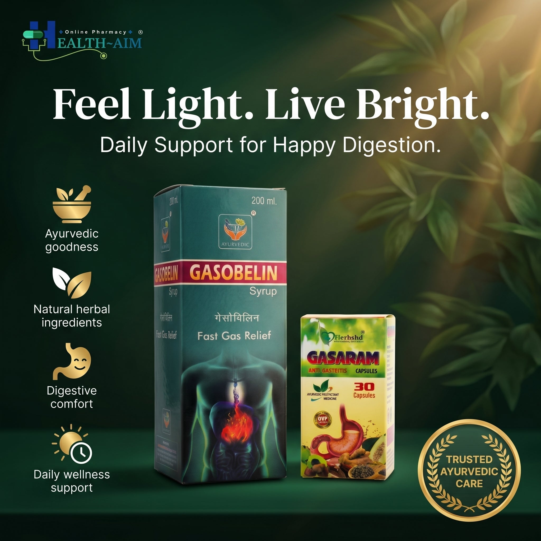 Ayurvedic Fast Gas Relief Gasobelin Syrup & Gasaram Capsule Combo | 200ml + 30Caps | Combo Pack - HEALTH AIM PHARMACY