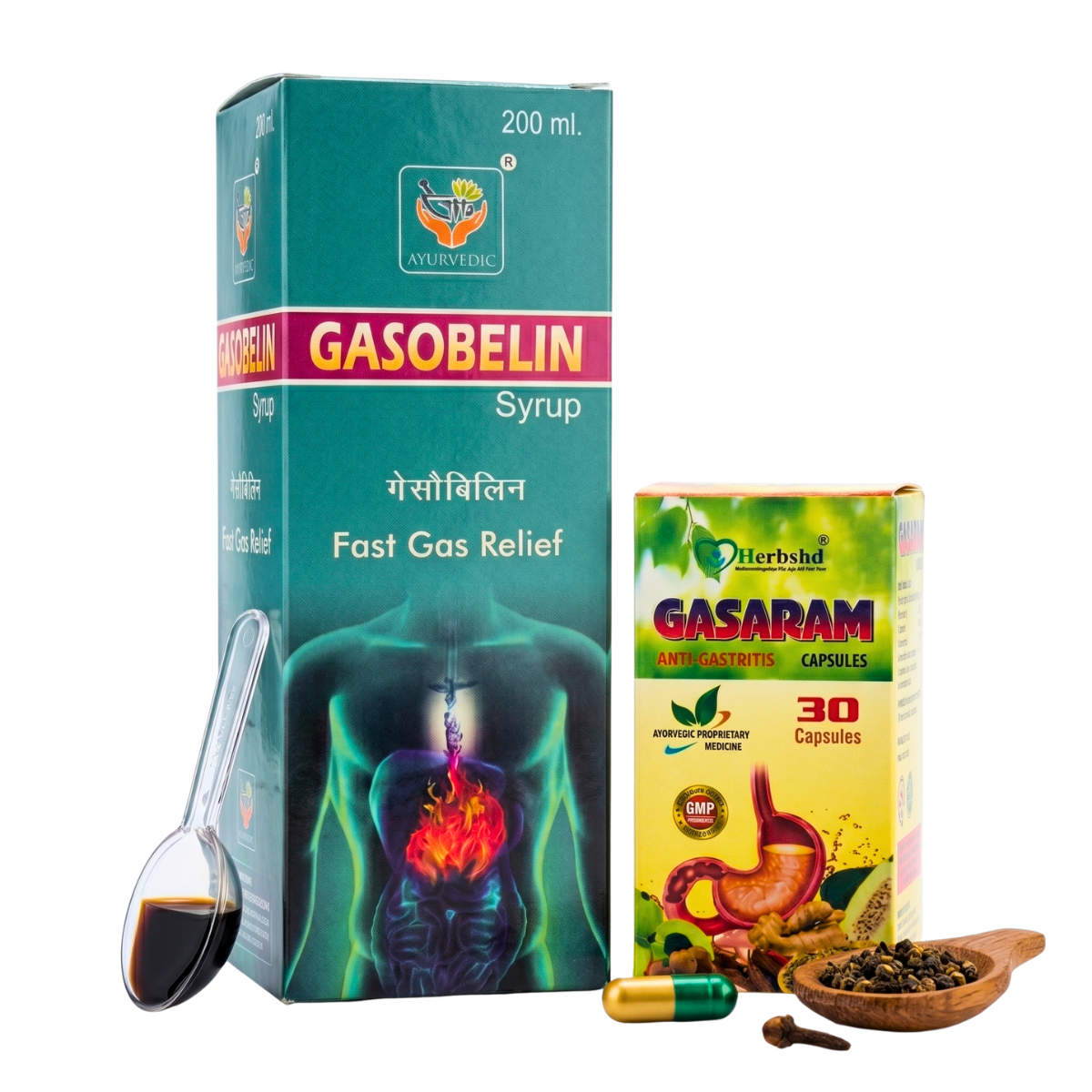 Ayurvedic Fast Gas Relief Gasobelin Syrup & Gasaram Capsule Combo | 200ml + 30Caps | Combo Pack - HEALTH AIM PHARMACY