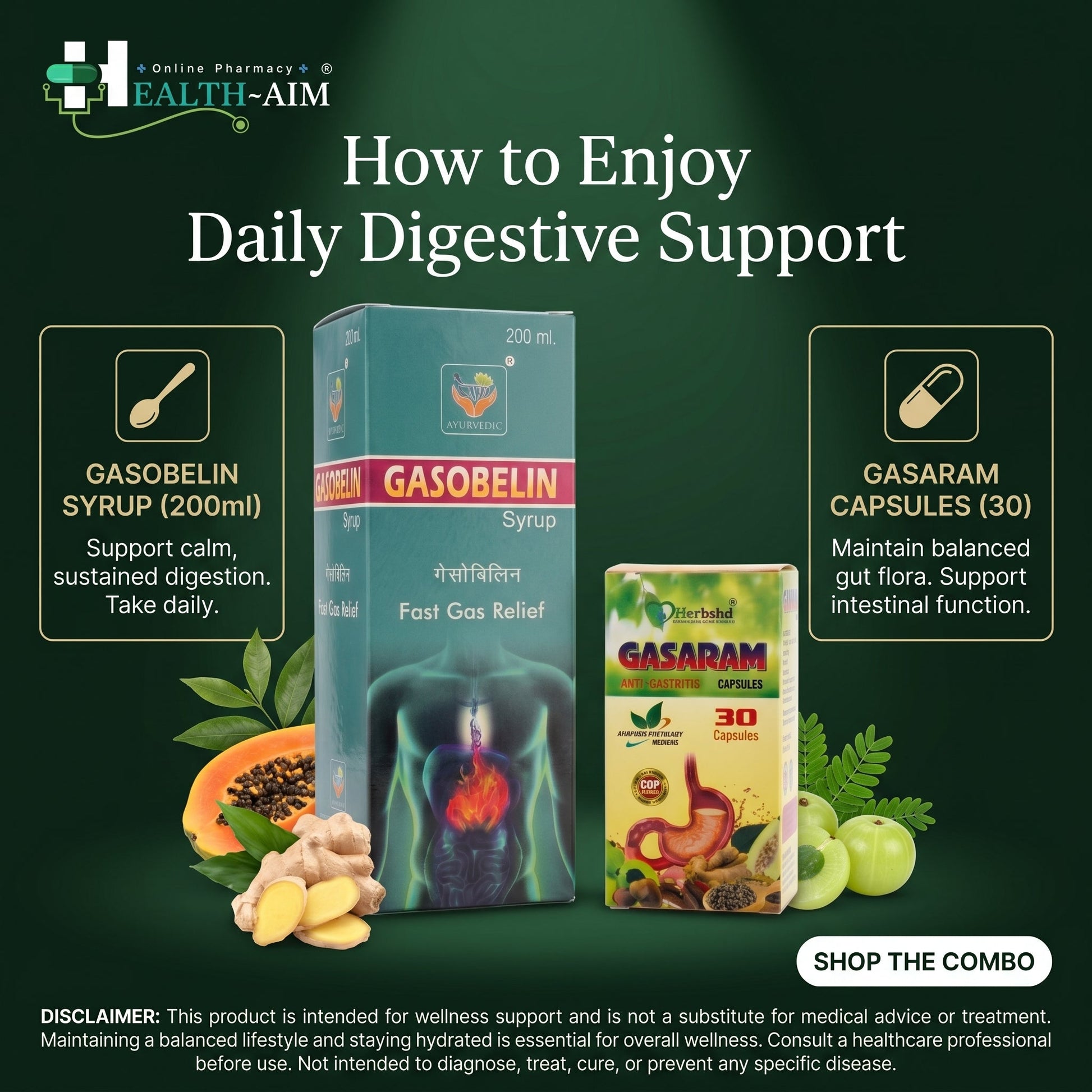 Ayurvedic Fast Gas Relief Gasobelin Syrup & Gasaram Capsule Combo | 200ml + 30Caps | Combo Pack - HEALTH AIM PHARMACY