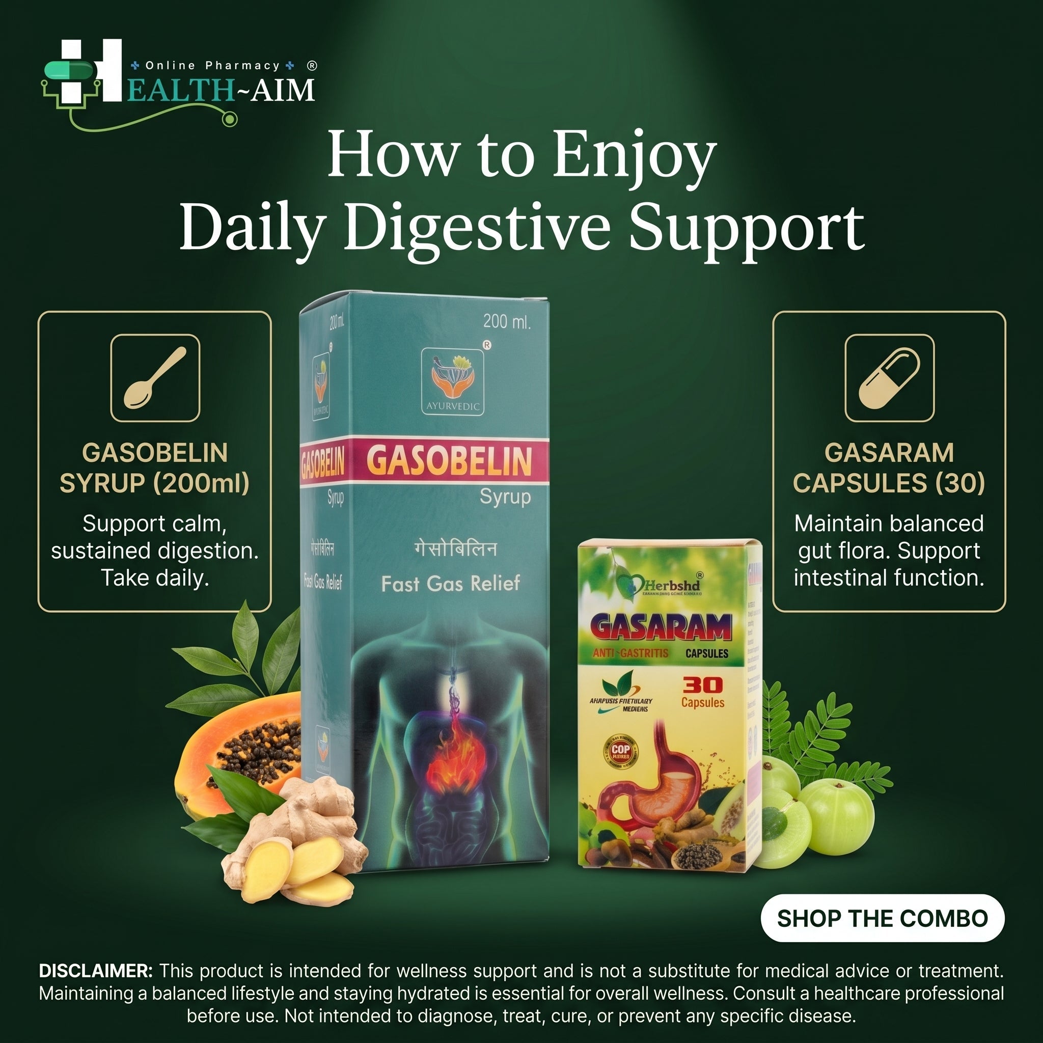 Ayurvedic Fast Gas Relief Gasobelin Syrup & Gasaram Capsule Combo | 200ml + 30Caps | Combo Pack - HEALTH AIM PHARMACY