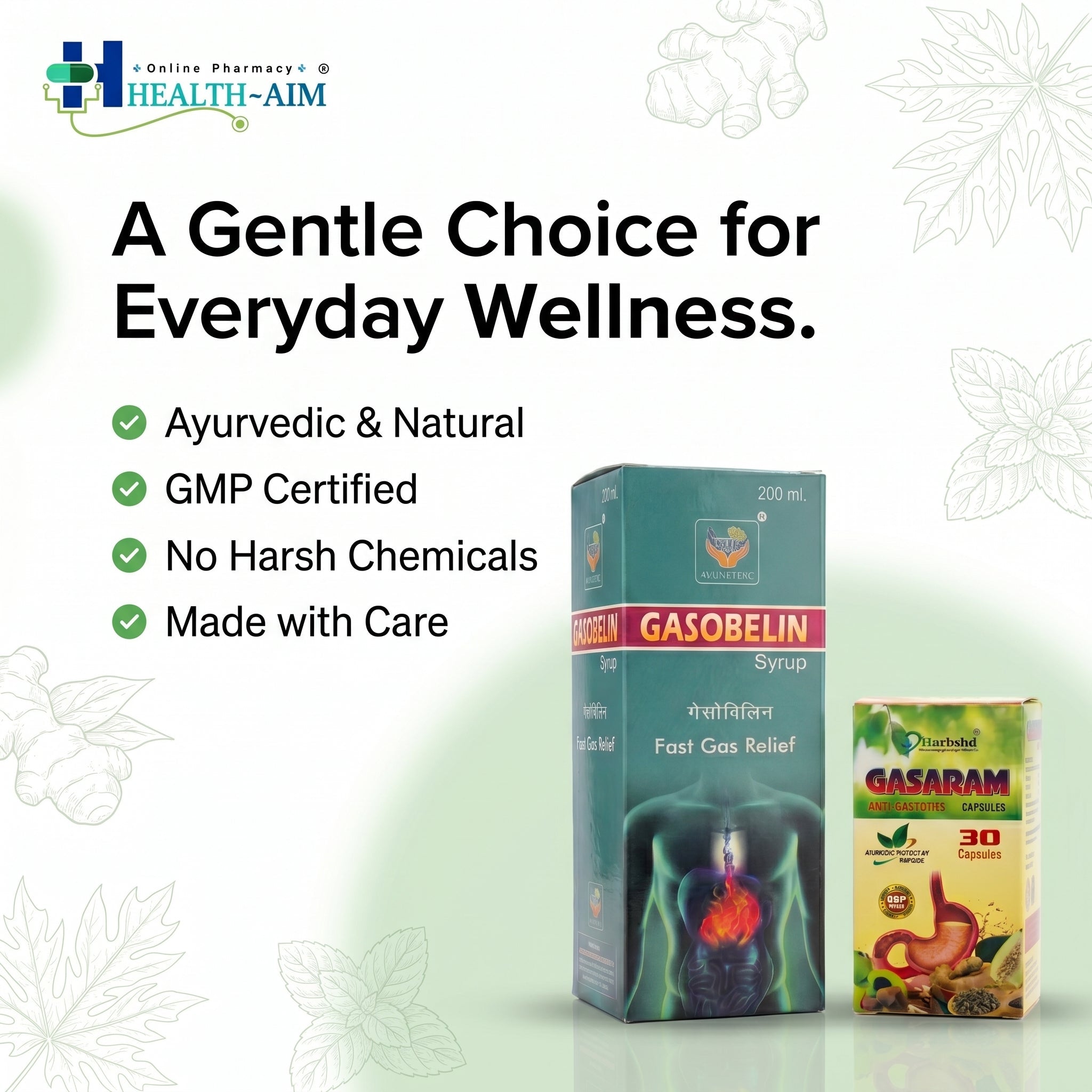 Ayurvedic Fast Gas Relief Gasobelin Syrup & Gasaram Capsule Combo | 200ml + 30Caps | Combo Pack - HEALTH AIM PHARMACY