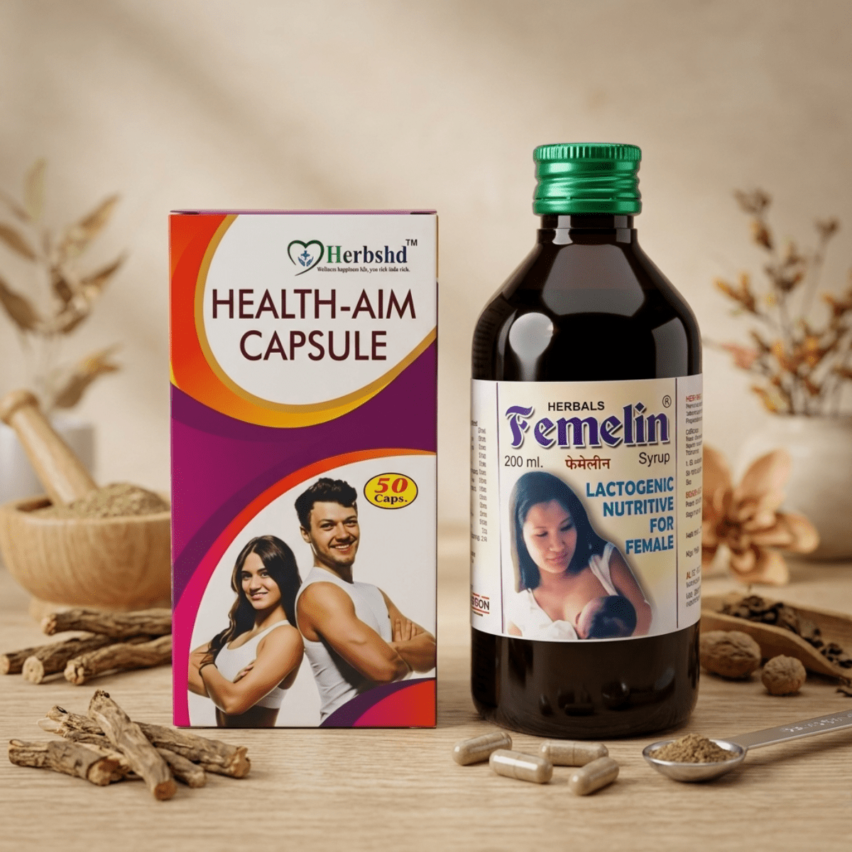 Ayurvedic Femelin Syrup & HealthAim Capsule Combo | 200ml + 50Caps | Combo Pack - HEALTH AIM PHARMACY