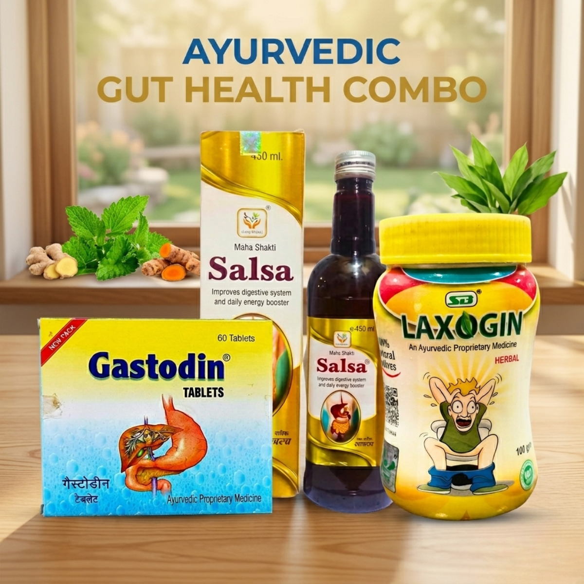 Ayurvedic Gastodin Tablet and Laxogin Powder & Maha Shakti Salsa Tonic Combo | 60Tabs + 100gm + 450ml | Combo Pack - HEALTH AIM PHARMACY
