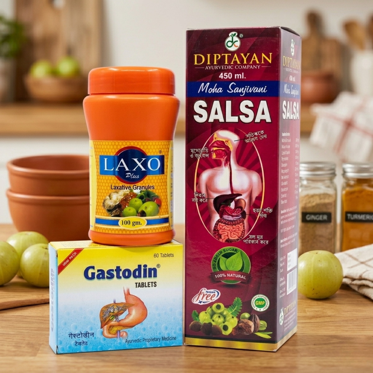 Ayurvedic Gastodin Tablets and Maha Sanjivani Salsa Tonic & Laxo Plus Powder Combo | 60Tabs + 450ml + 100gm | Combo Pack - HEALTH AIM PHARMACY