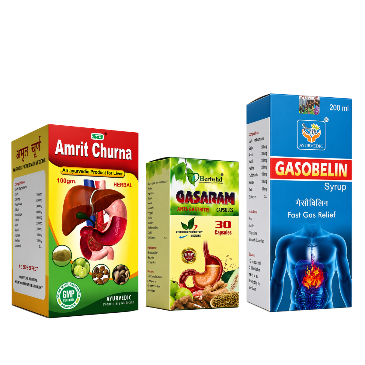 Ayurvedic Gastric Combo Kit : Gasaram Capsule + Amrit Churna + Gasobelin Syrup | 30Caps + 100gm + 200ml - HEALTH AIM PHARMACY