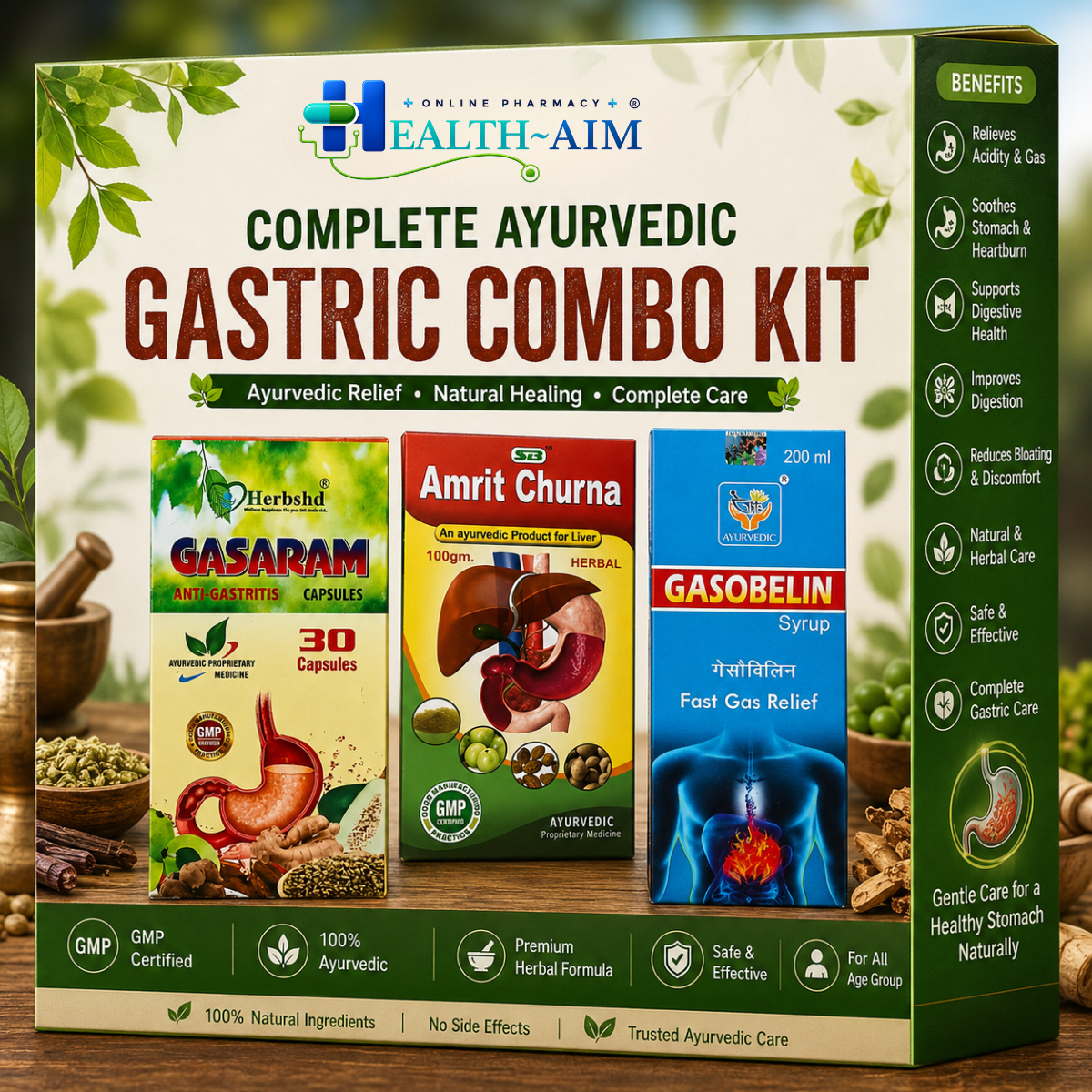 Ayurvedic Gastric Combo Kit : Gasaram Capsule + Amrit Churna + Gasobelin Syrup | 30Caps + 100gm + 200ml - HEALTH AIM PHARMACY