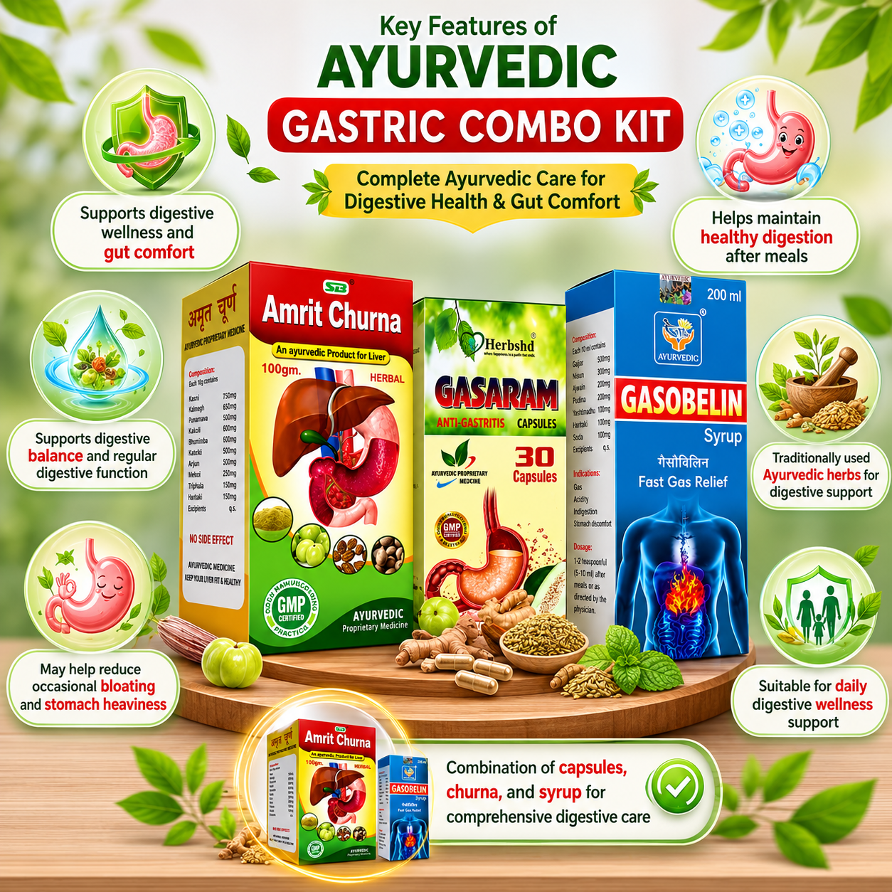 Ayurvedic Gastric Combo Kit : Gasaram Capsule + Amrit Churna + Gasobelin Syrup | 30Caps + 100gm + 200ml - HEALTH AIM PHARMACY