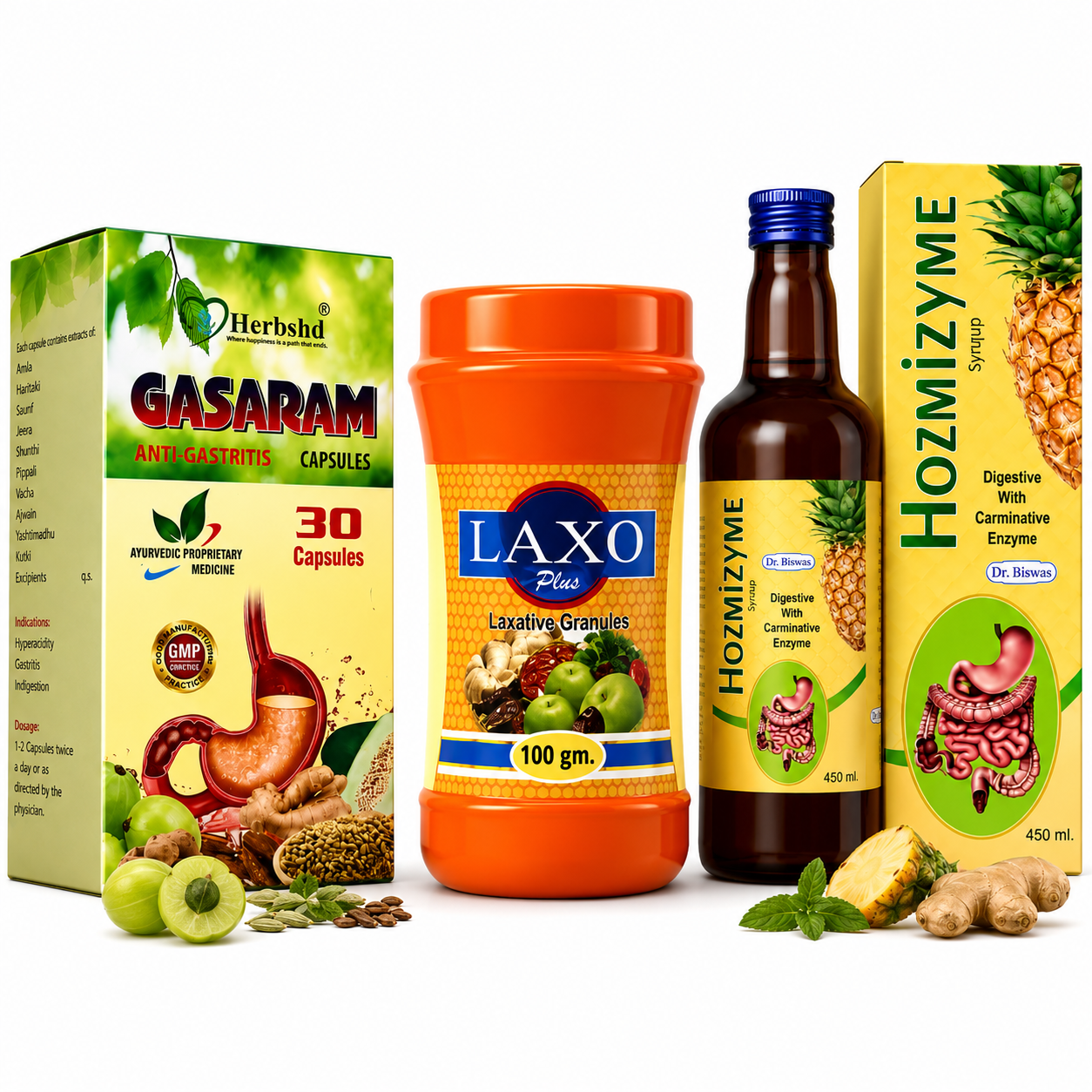 Ayurvedic Gastric Combo Kit: Gasaram Capsule + Laxo Plus Laxative Churna + Hozmizyme Tonic | 30Caps + 100gm +450ml - HEALTH AIM PHARMACY