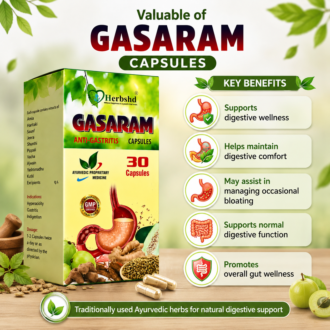Ayurvedic Gastric Combo Kit: Gasaram Capsule + Laxo Plus Laxative Churna + Hozmizyme Tonic | 30Caps + 100gm +450ml - HEALTH AIM PHARMACY