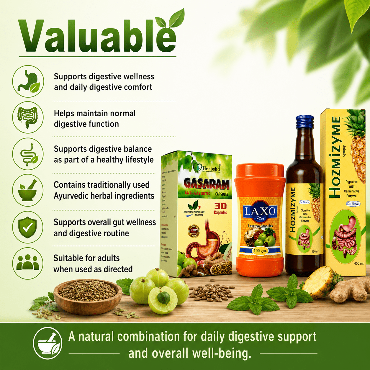 Ayurvedic Gastric Combo Kit: Gasaram Capsule + Laxo Plus Laxative Churna + Hozmizyme Tonic | 30Caps + 100gm +450ml - HEALTH AIM PHARMACY