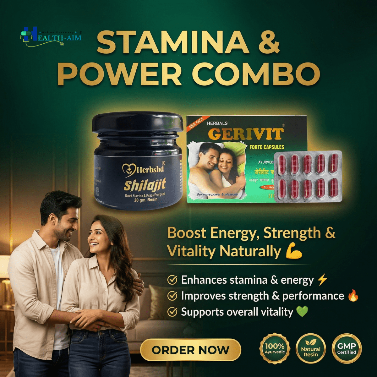 Ayurvedic Gerivit Forte Capsules + Shilajit Resin | 10Caps + 20gm | Combo Pack - HEALTH AIM PHARMACY