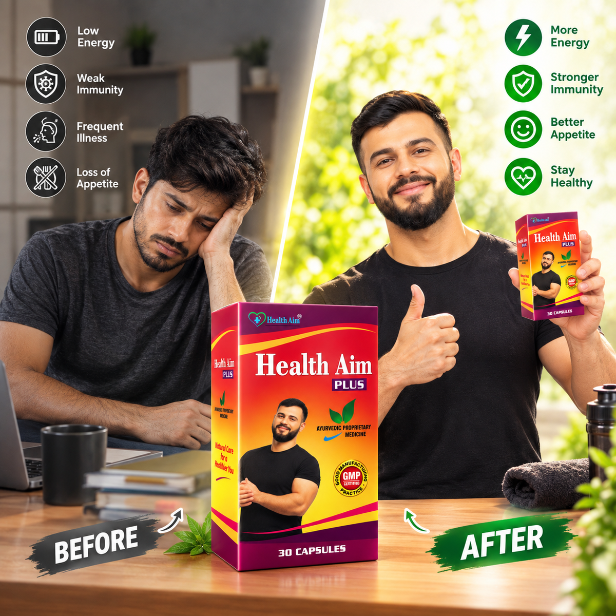 Ayurvedic Health Aim Plus Capsule & Gasaram Capsule Combo Pack of 2 + Get Best Health Tonic FREE - HEALTH AIM PHARMACY