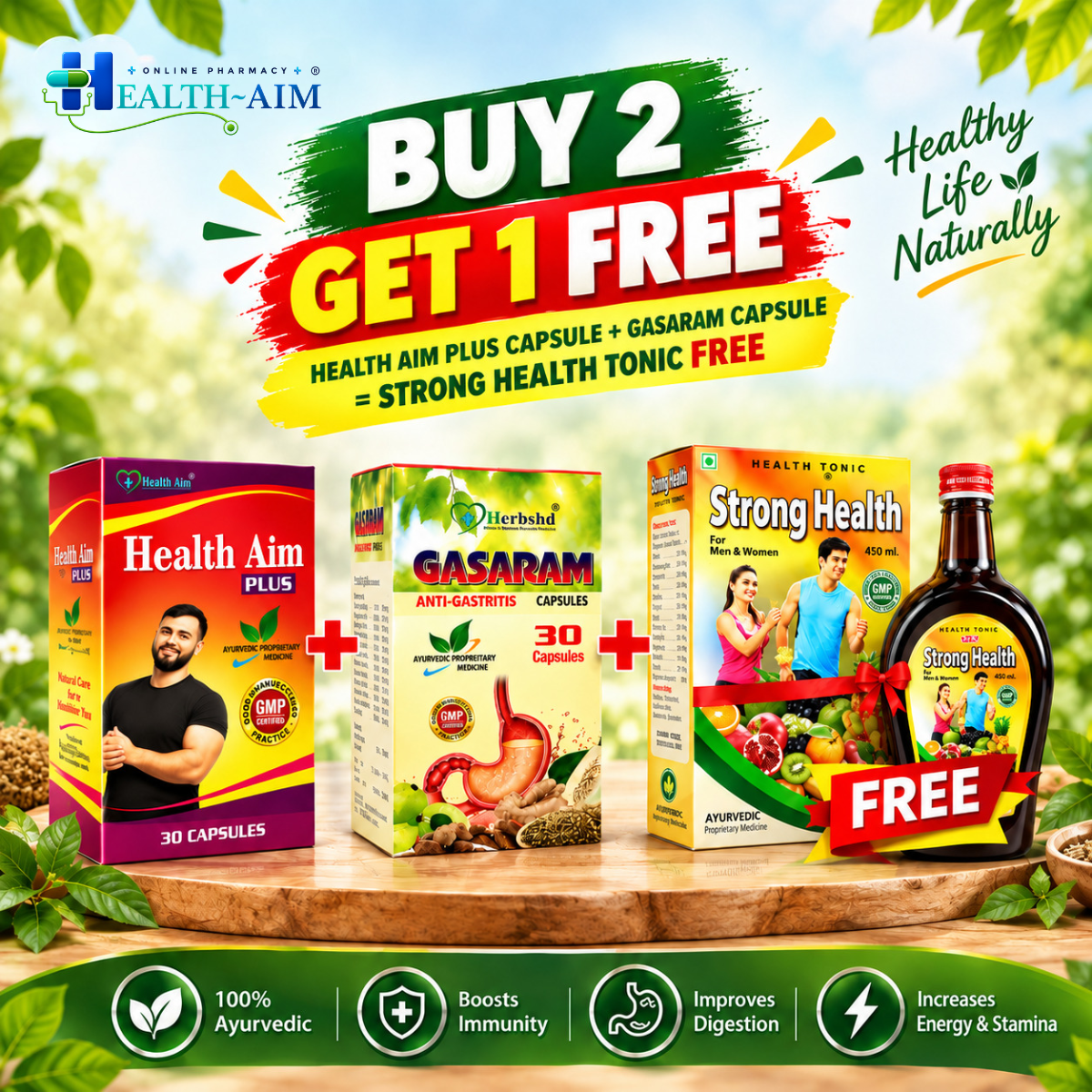 Ayurvedic Health Aim Plus Capsule & Gasaram Capsule Combo Pack of 2 + Get Strong Health Tonic FREE - HEALTH AIM PHARMACY