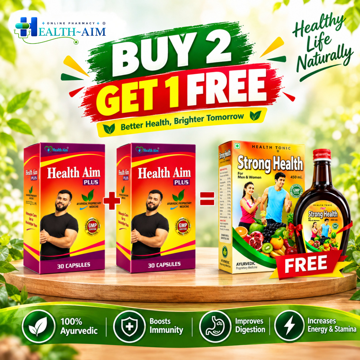 Ayurvedic Health Aim Plus Capsule Pack of 2 + Get Strong Health Tonic FREE - HEALTH AIM PHARMACY