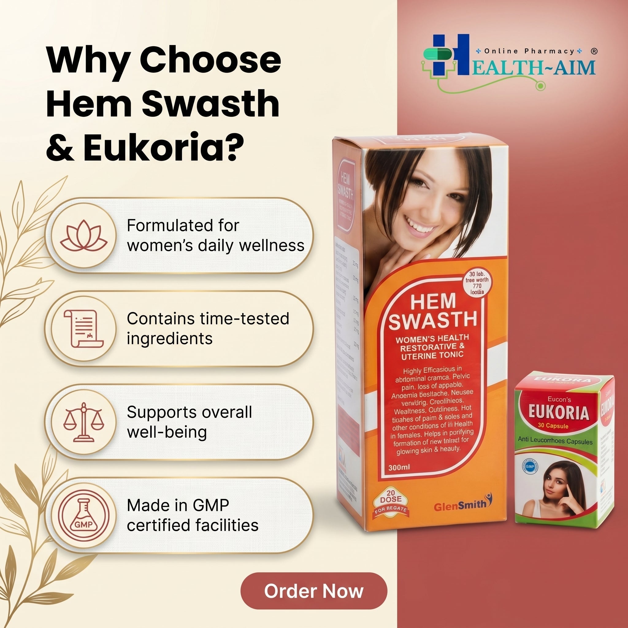 Ayurvedic Hem Swastha Tonic & Eukoria Capsule Combo For Women's Health | 300ml + 30Caps | Combo Pack - HEALTH AIM PHARMACY