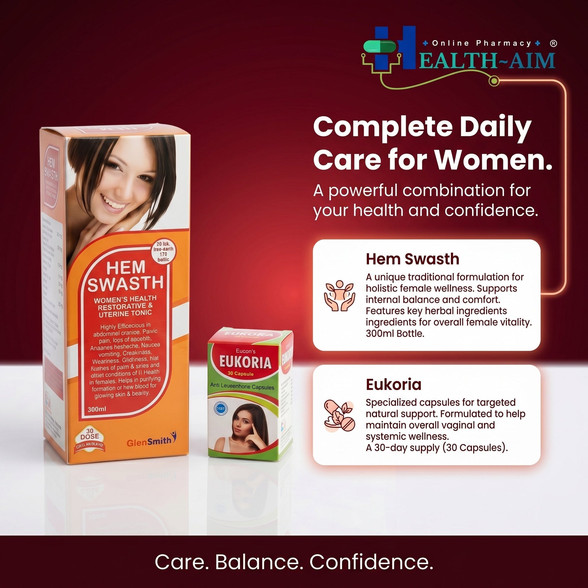 Ayurvedic Hem Swastha Tonic & Eukoria Capsule Combo For Women's Health | 300ml + 30Caps | Combo Pack - HEALTH AIM PHARMACY