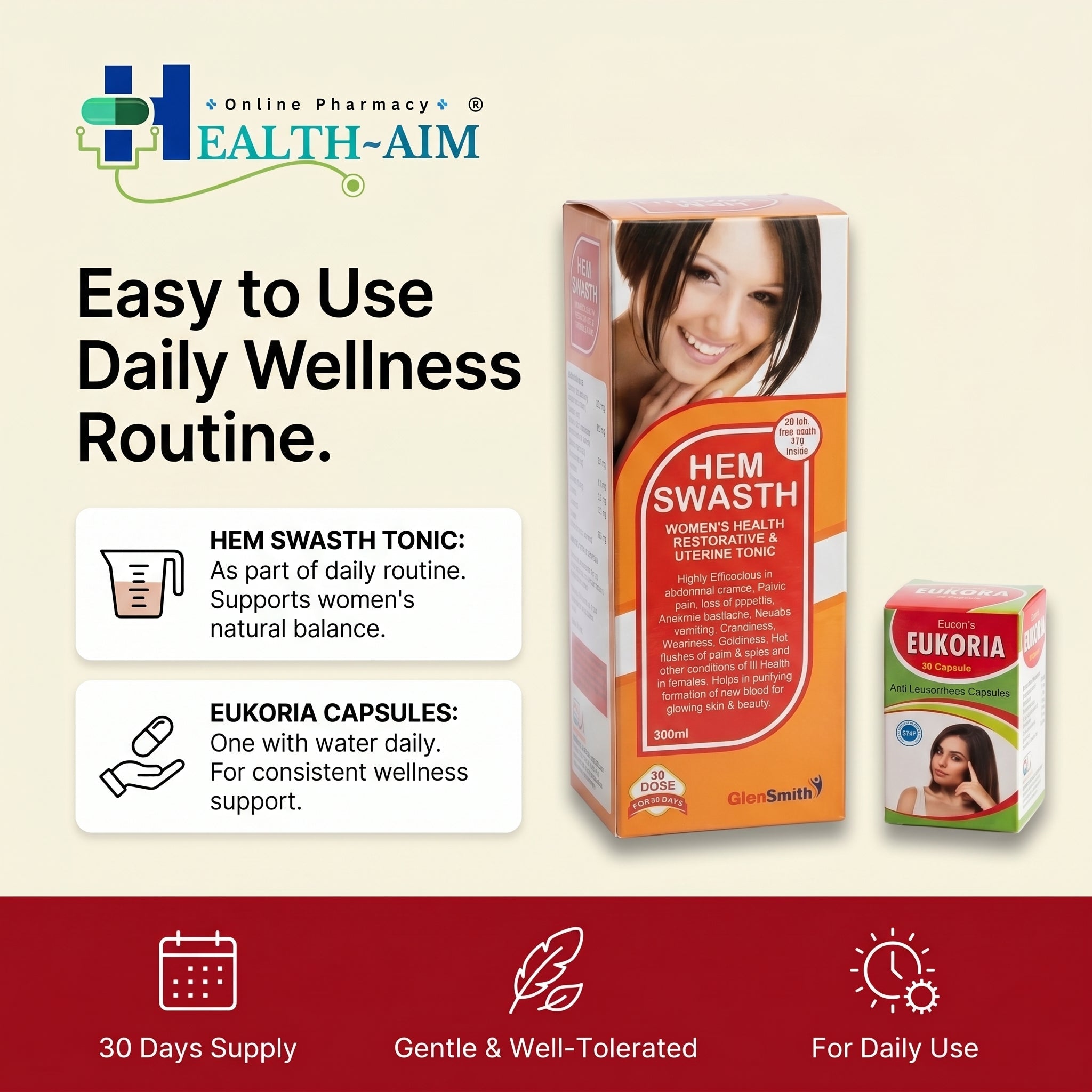 Ayurvedic Hem Swastha Tonic & Eukoria Capsule Combo For Women's Health | 300ml + 30Caps | Combo Pack - HEALTH AIM PHARMACY