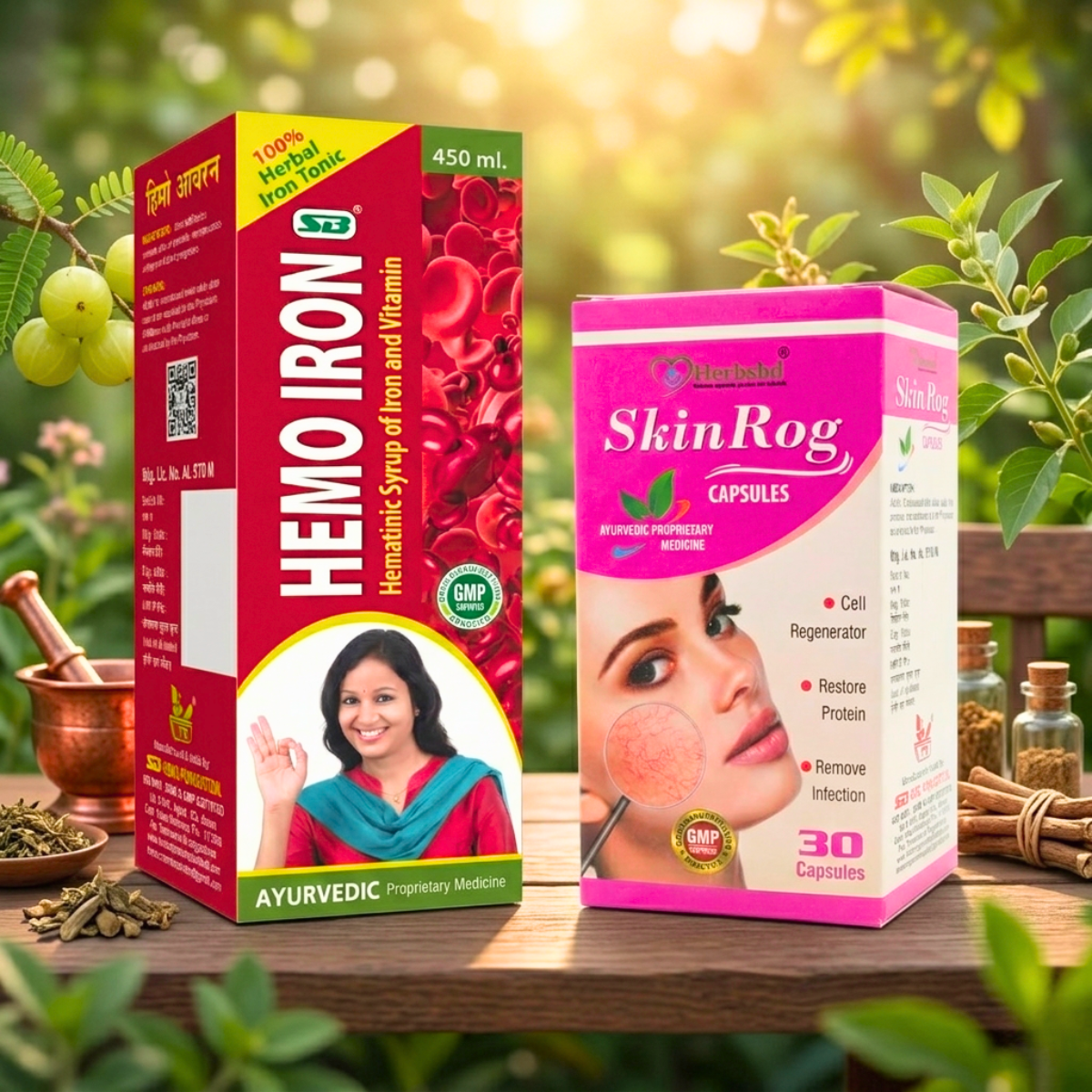 AYURVEDIC HEMO IRON TONIC 450ML + SKINROG CAPSULE 30CAPS | COMBO PACK - HEALTH AIM PHARMACY