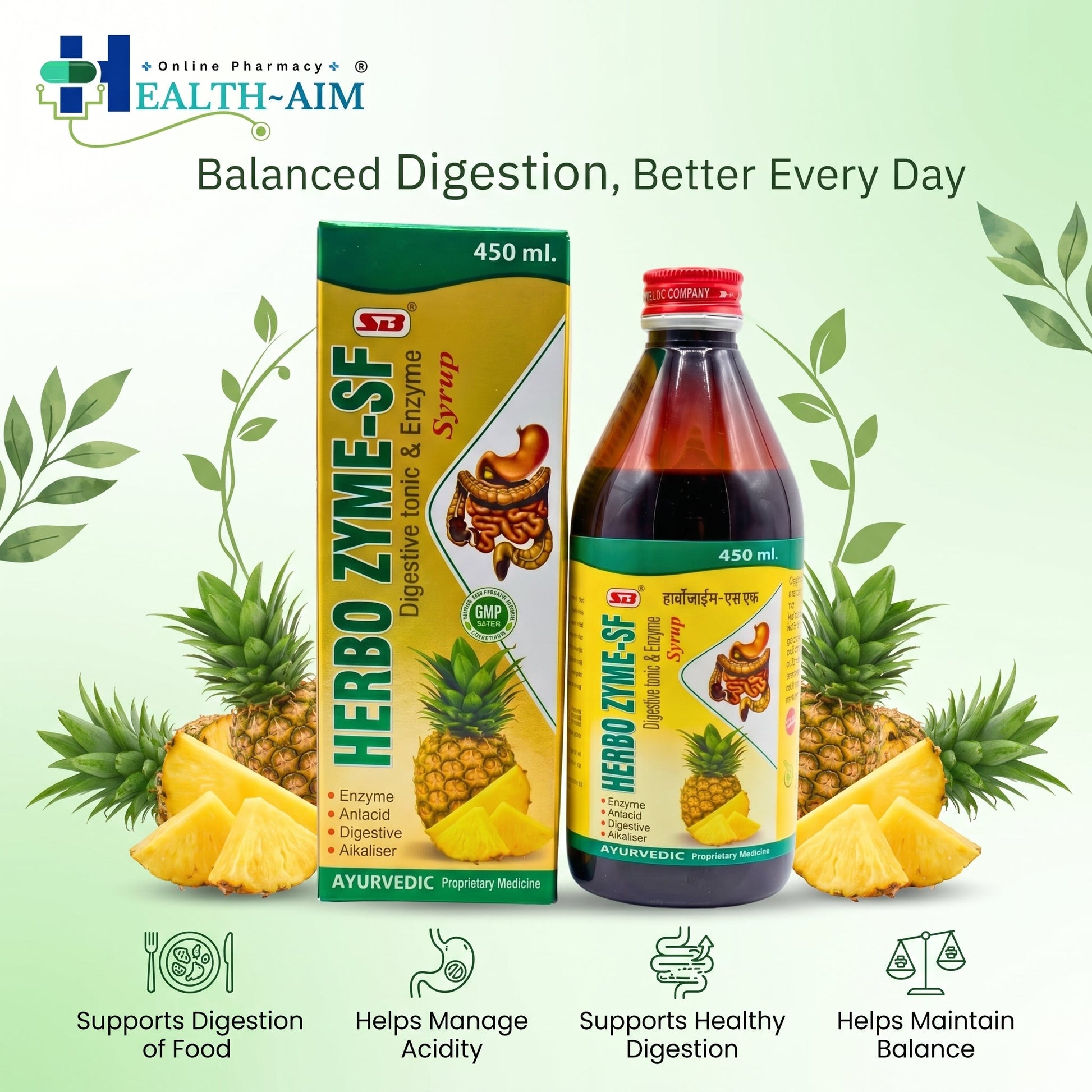 Ayurvedic HERBO ZYME - SF SYRUP | 450ml | (PACK OF 2) - HEALTH AIM PHARMACY
