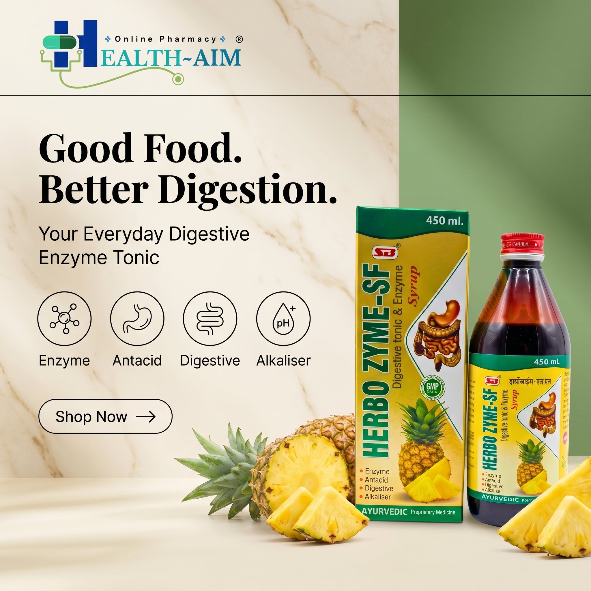 Ayurvedic HERBO ZYME - SF SYRUP | 450ml | (PACK OF 2) - HEALTH AIM PHARMACY