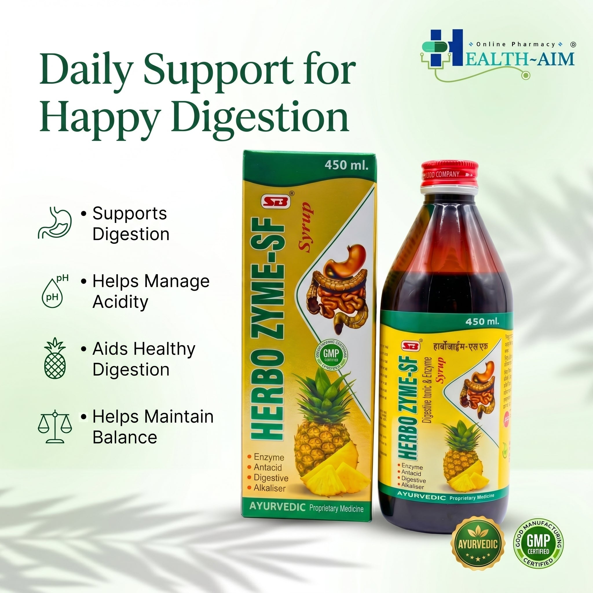 Ayurvedic HERBO ZYME - SF SYRUP | 450ml | (PACK OF 2) - HEALTH AIM PHARMACY