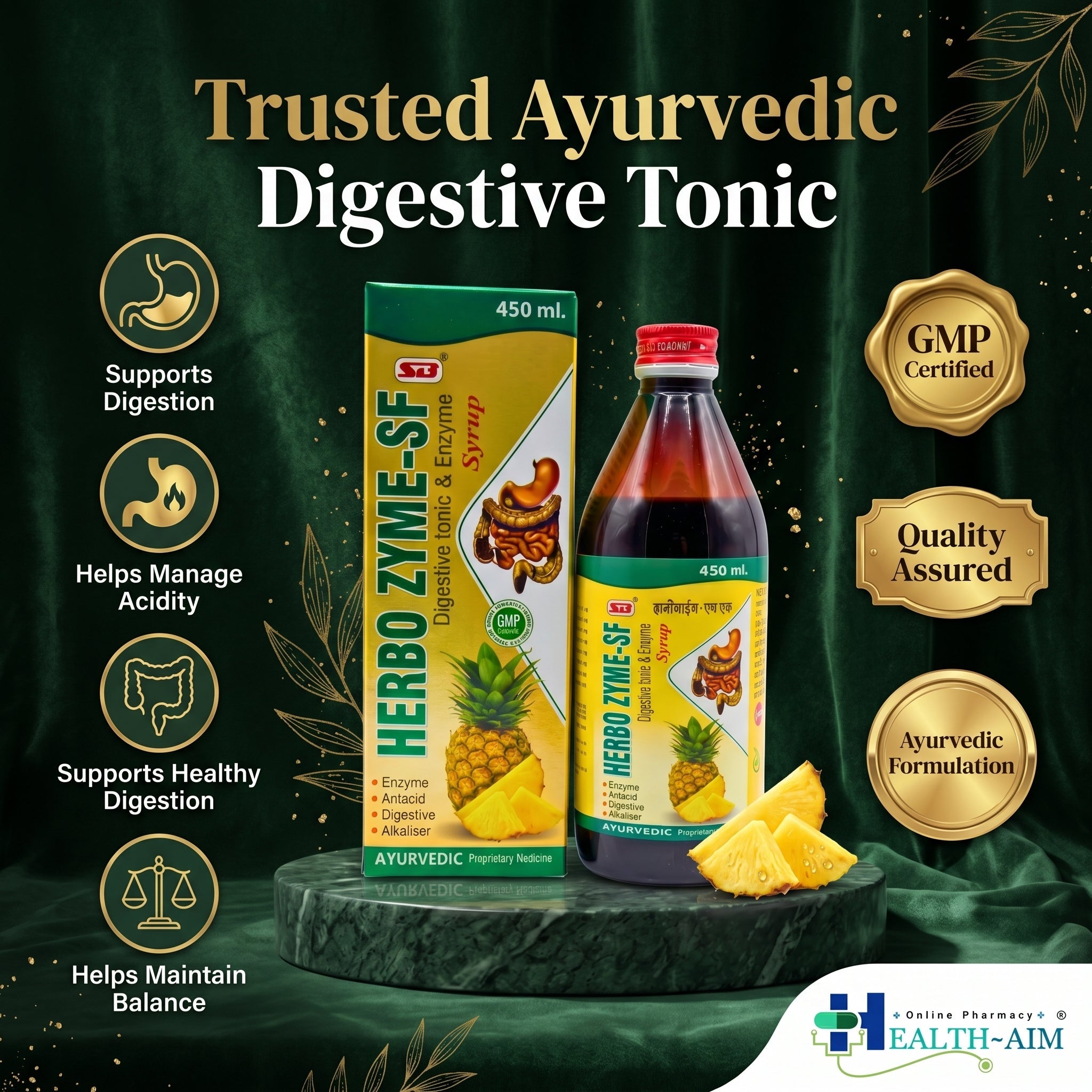 Ayurvedic HERBO ZYME - SF SYRUP | 450ml | (PACK OF 2) - HEALTH AIM PHARMACY