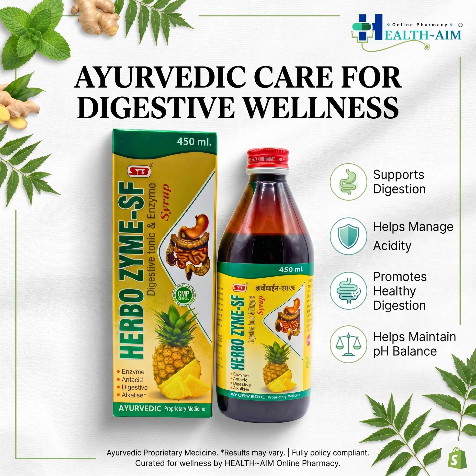 Ayurvedic HERBO ZYME - SF SYRUP | 450ml | (PACK OF 2) - HEALTH AIM PHARMACY