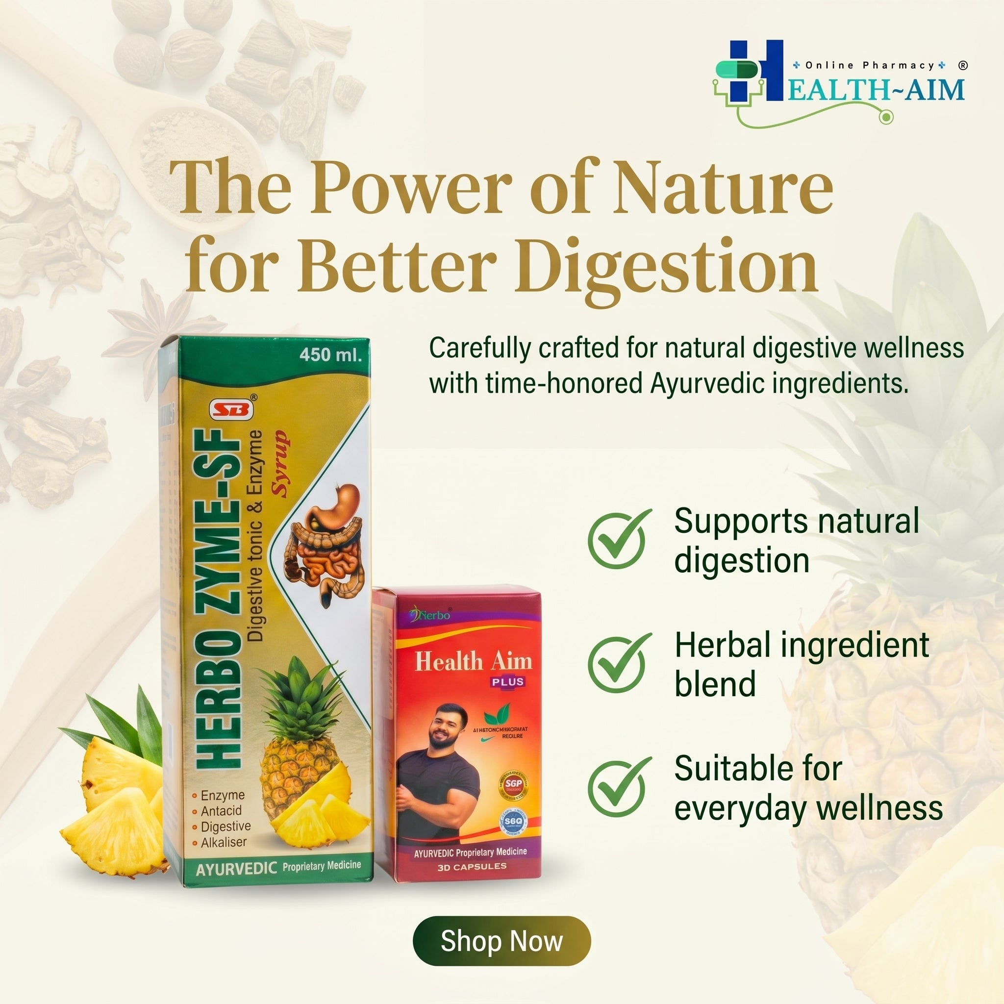 Ayurvedic HERBO ZYME - SF SYRUP + HEALTH AIM PLUS CAPSULE | 450ml + 50cAPS | COMBO PACK - HEALTH AIM PHARMACY