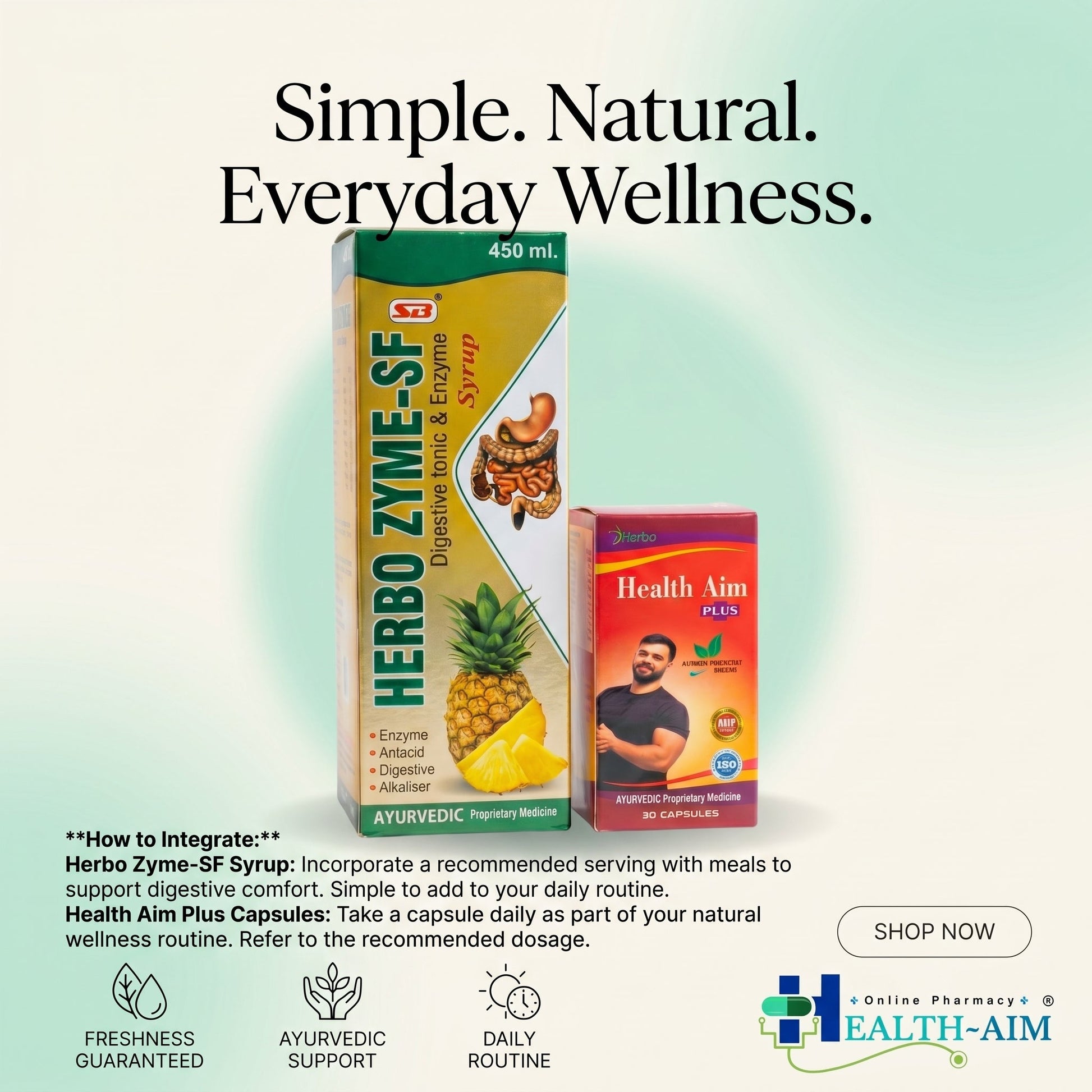 Ayurvedic HERBO ZYME - SF SYRUP + HEALTH AIM PLUS CAPSULE | 450ml + 50cAPS | COMBO PACK - HEALTH AIM PHARMACY