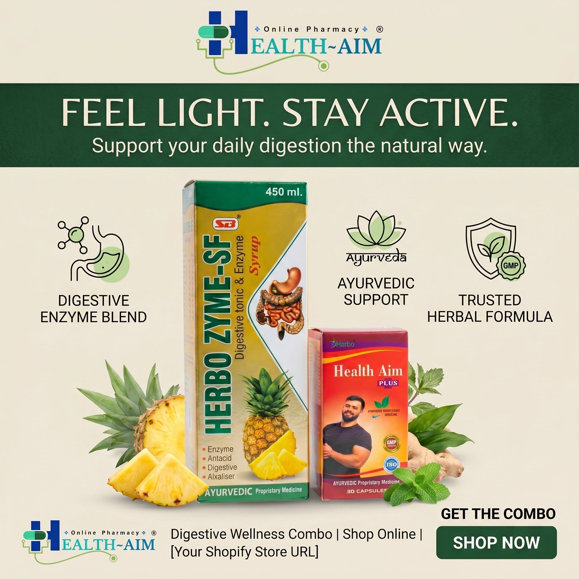 Ayurvedic HERBO ZYME - SF SYRUP + HEALTH AIM PLUS CAPSULE | 450ml + 50cAPS | COMBO PACK - HEALTH AIM PHARMACY
