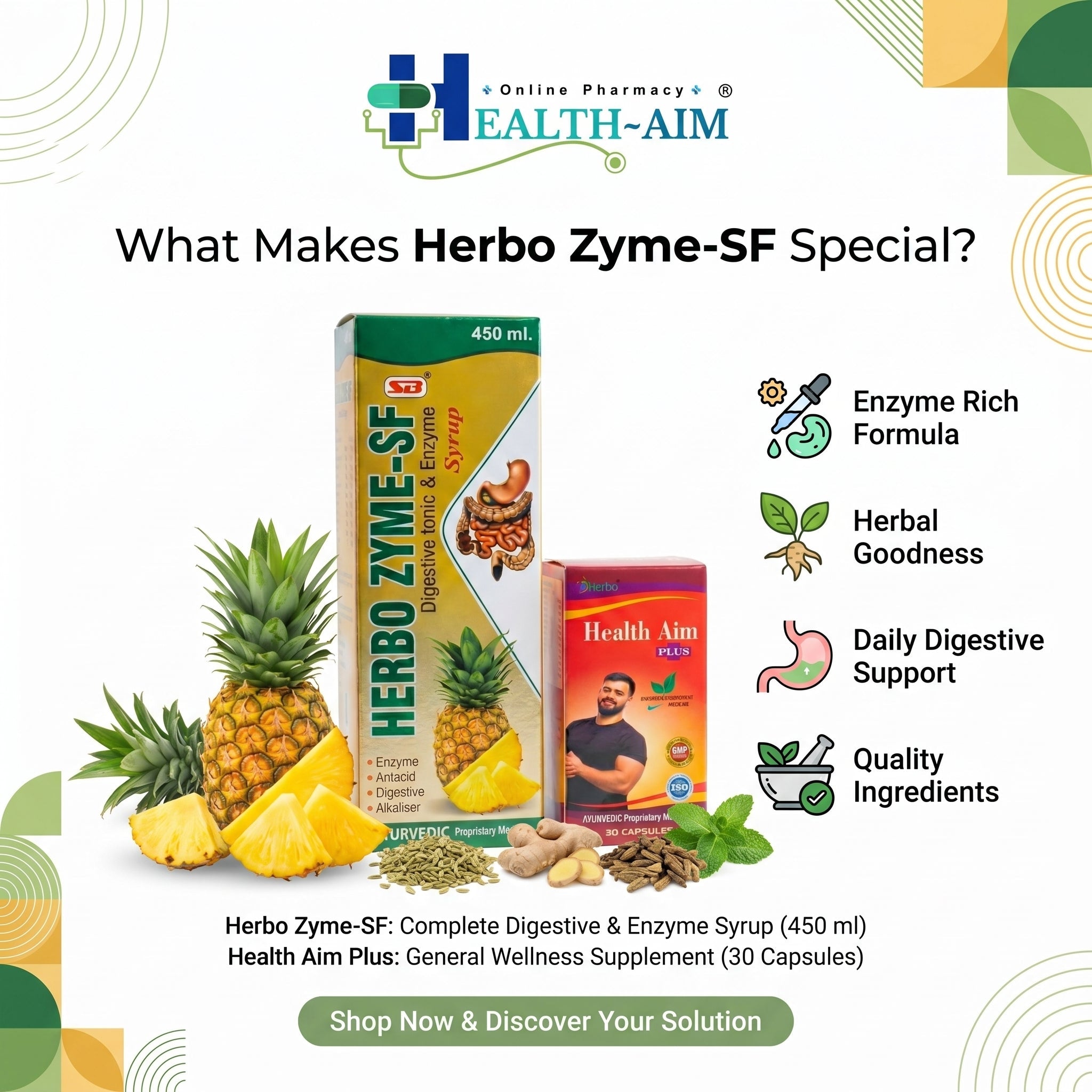 Ayurvedic HERBO ZYME - SF SYRUP + HEALTH AIM PLUS CAPSULE | 450ml + 50cAPS | COMBO PACK - HEALTH AIM PHARMACY