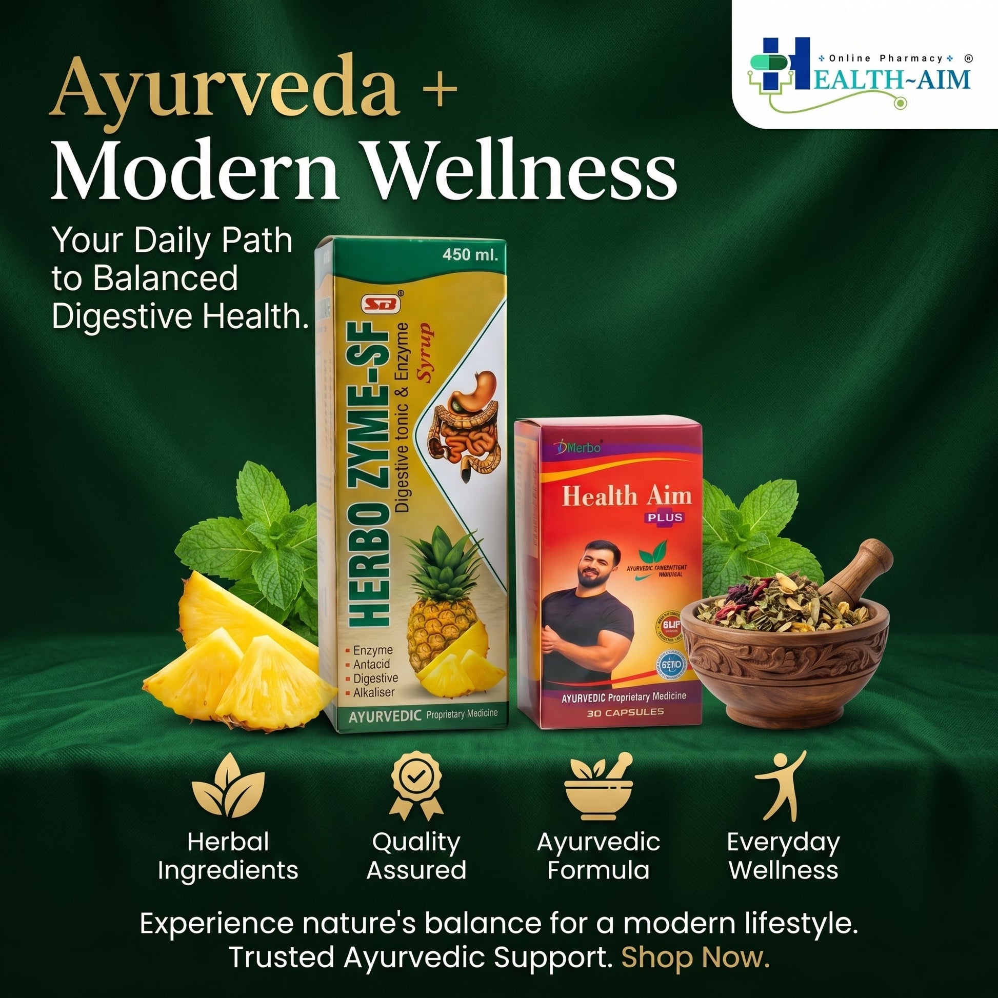 Ayurvedic HERBO ZYME - SF SYRUP + HEALTH AIM PLUS CAPSULE | 450ml + 50cAPS | COMBO PACK - HEALTH AIM PHARMACY