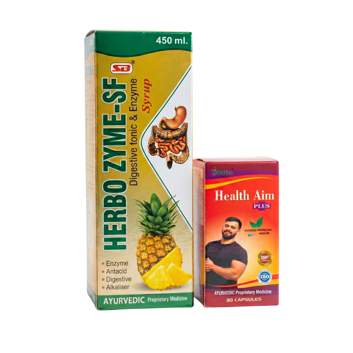 Ayurvedic HERBO ZYME - SF SYRUP + HEALTH AIM PLUS CAPSULE | 450ml + 50cAPS | COMBO PACK - HEALTH AIM PHARMACY
