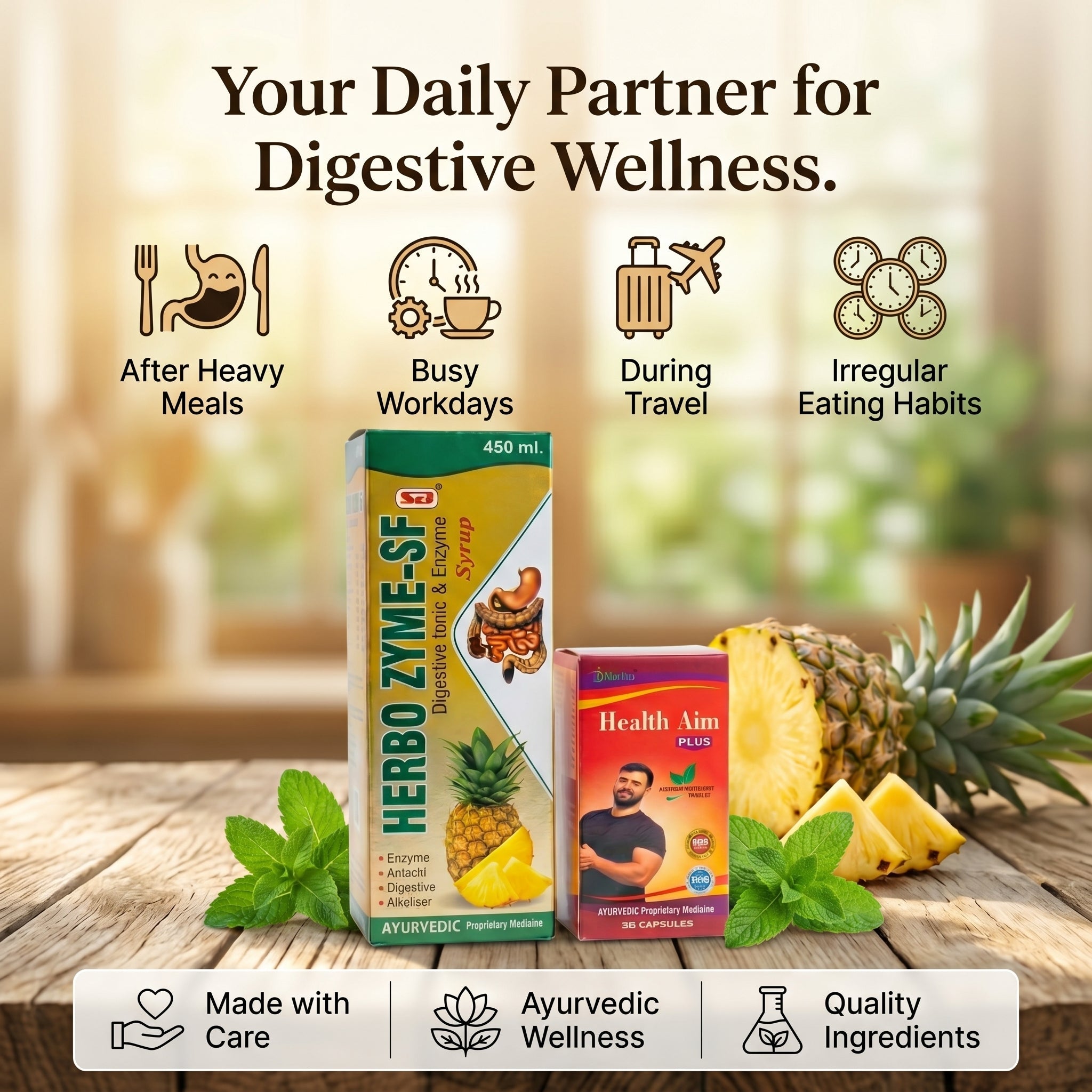 Ayurvedic HERBO ZYME - SF SYRUP + HEALTH AIM PLUS CAPSULE | 450ml + 50cAPS | COMBO PACK - HEALTH AIM PHARMACY