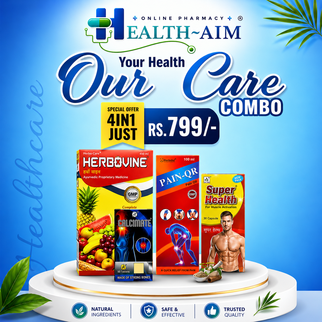 Ayurvedic Herbovine Tonic, Pain - QR Pain Oil, Calcimate Capsules & Super Health Capsules | Big Combo - HEALTH AIM PHARMACY