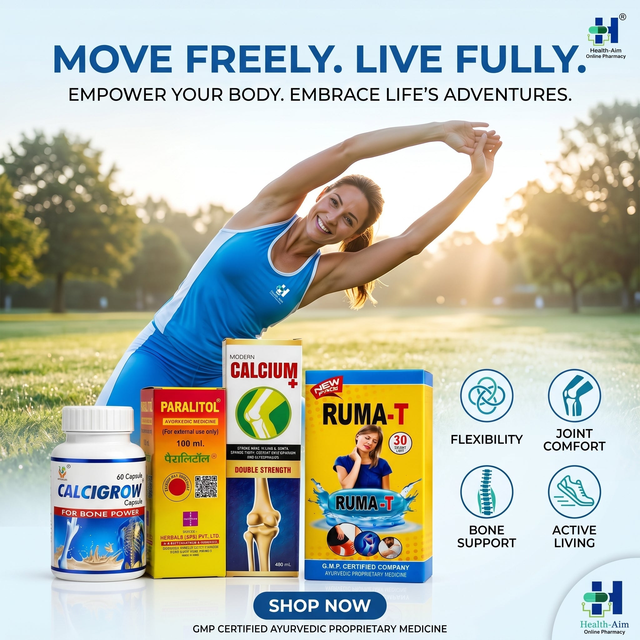 Ayurvedic Joint & Bone Wellness Combo Kit: Calcigrow Capsule and Ruma - T Capsule and Paralitol Oil & Calcium Plus Syrup | 60Caps + 30Caps + 100ml + 450ml - HEALTH AIM PHARMACY
