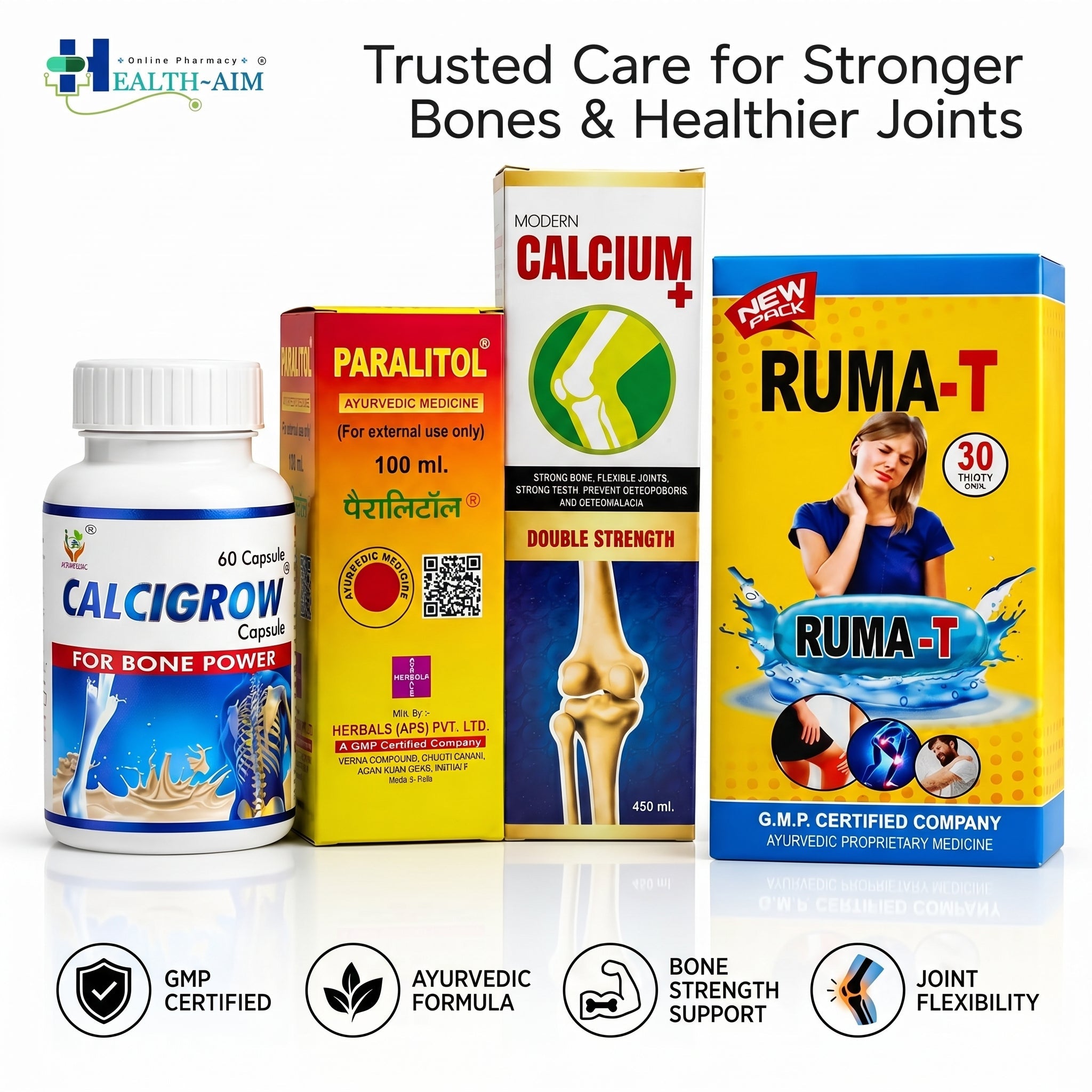 Ayurvedic Joint & Bone Wellness Combo Kit: Calcigrow Capsule and Ruma - T Capsule and Paralitol Oil & Calcium Plus Syrup | 60Caps + 30Caps + 100ml + 450ml - HEALTH AIM PHARMACY
