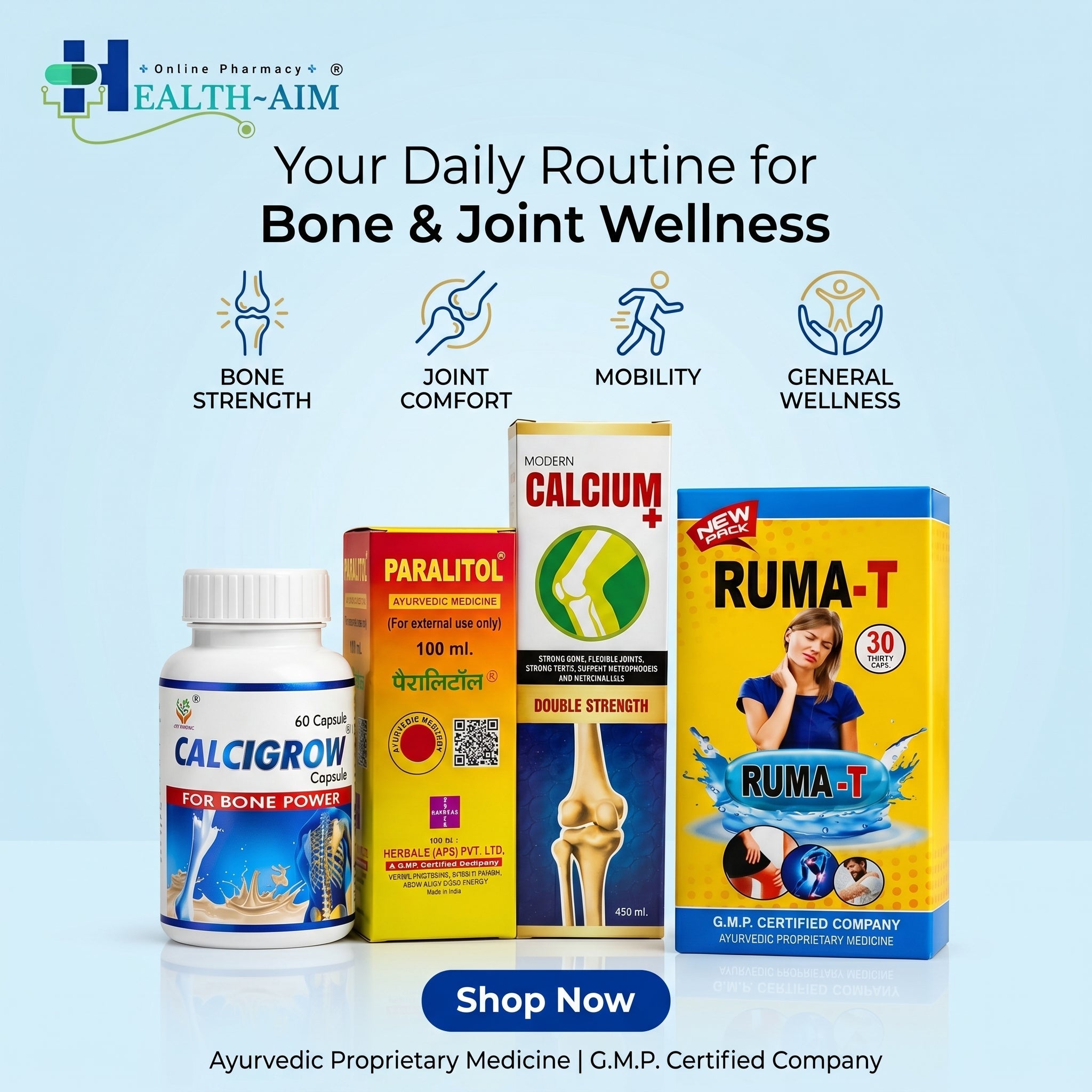 Ayurvedic Joint & Bone Wellness Combo Kit: Calcigrow Capsule and Ruma - T Capsule and Paralitol Oil & Calcium Plus Syrup | 60Caps + 30Caps + 100ml + 450ml - HEALTH AIM PHARMACY