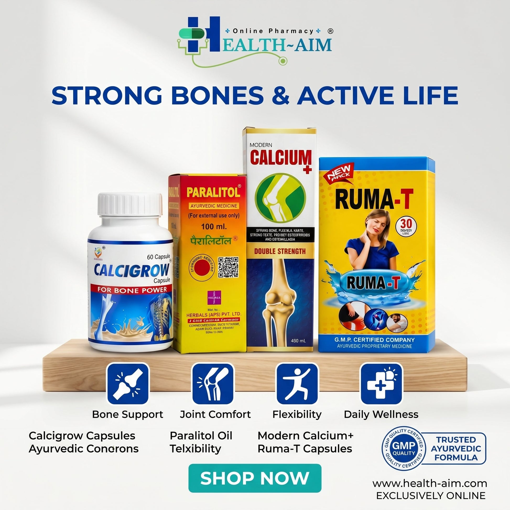Ayurvedic Joint & Bone Wellness Combo Kit: Calcigrow Capsule and Ruma - T Capsule and Paralitol Oil & Calcium Plus Syrup | 60Caps + 30Caps + 100ml + 450ml - HEALTH AIM PHARMACY