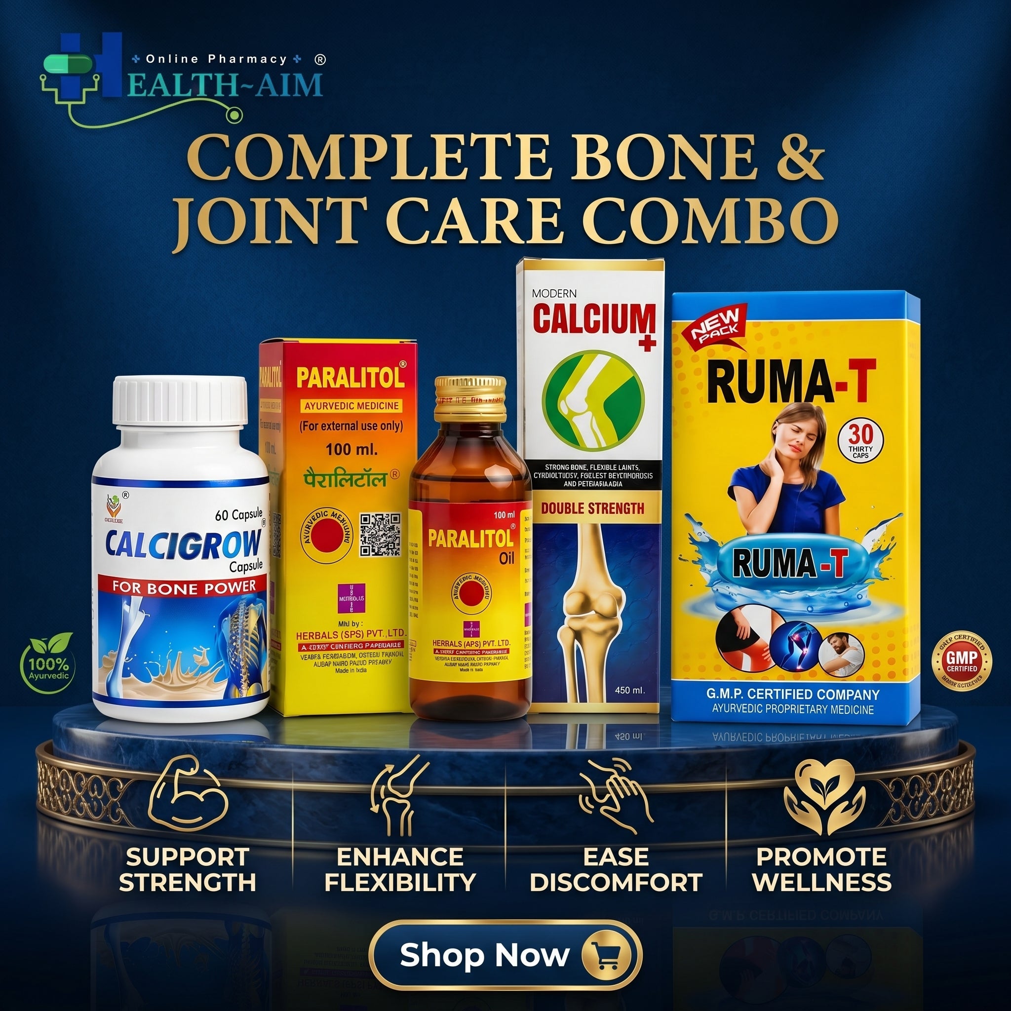Ayurvedic Joint & Bone Wellness Combo Kit: Calcigrow Capsule and Ruma - T Capsule and Paralitol Oil & Calcium Plus Syrup | 60Caps + 30Caps + 100ml + 450ml - HEALTH AIM PHARMACY