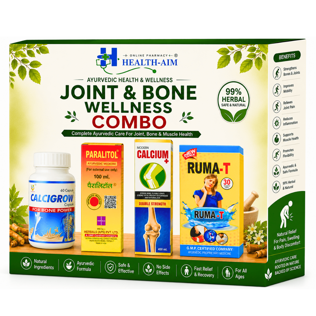 Ayurvedic Joint & Bone Wellness Combo Kit: Calcigrow Capsule and Ruma - T Capsule and Paralitol Oil & Calcium Plus Syrup | 60Caps + 30Caps + 100ml + 450ml - HEALTH AIM PHARMACY