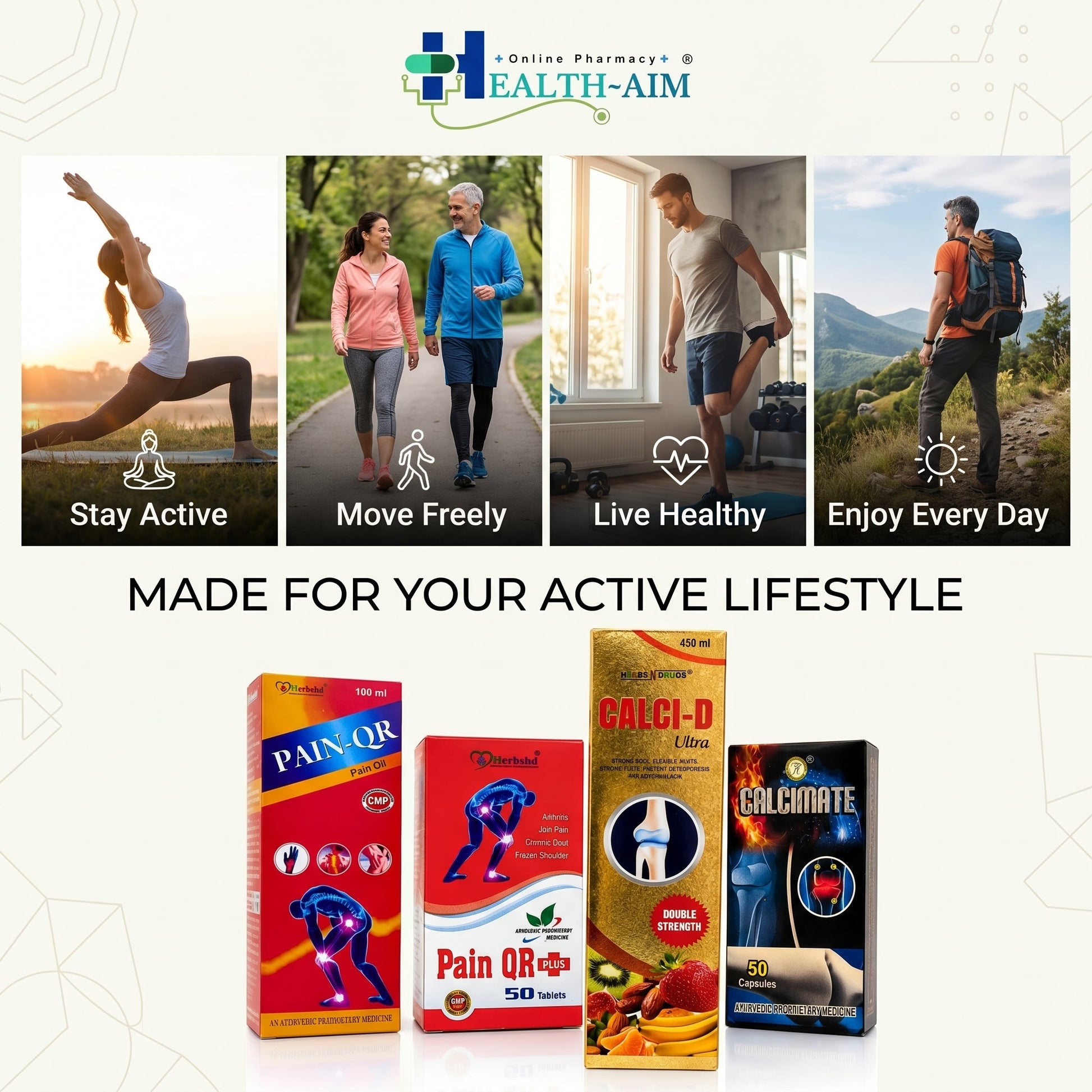 Ayurvedic Joint & Bone Wellness Combo : Pain Qr Plus Capsule & Oil and Calcimate Capsule & Calci - D Ultra Syrup Combo | 50Caps + 100ml + 50Caps + 450ml - HEALTH AIM PHARMACY