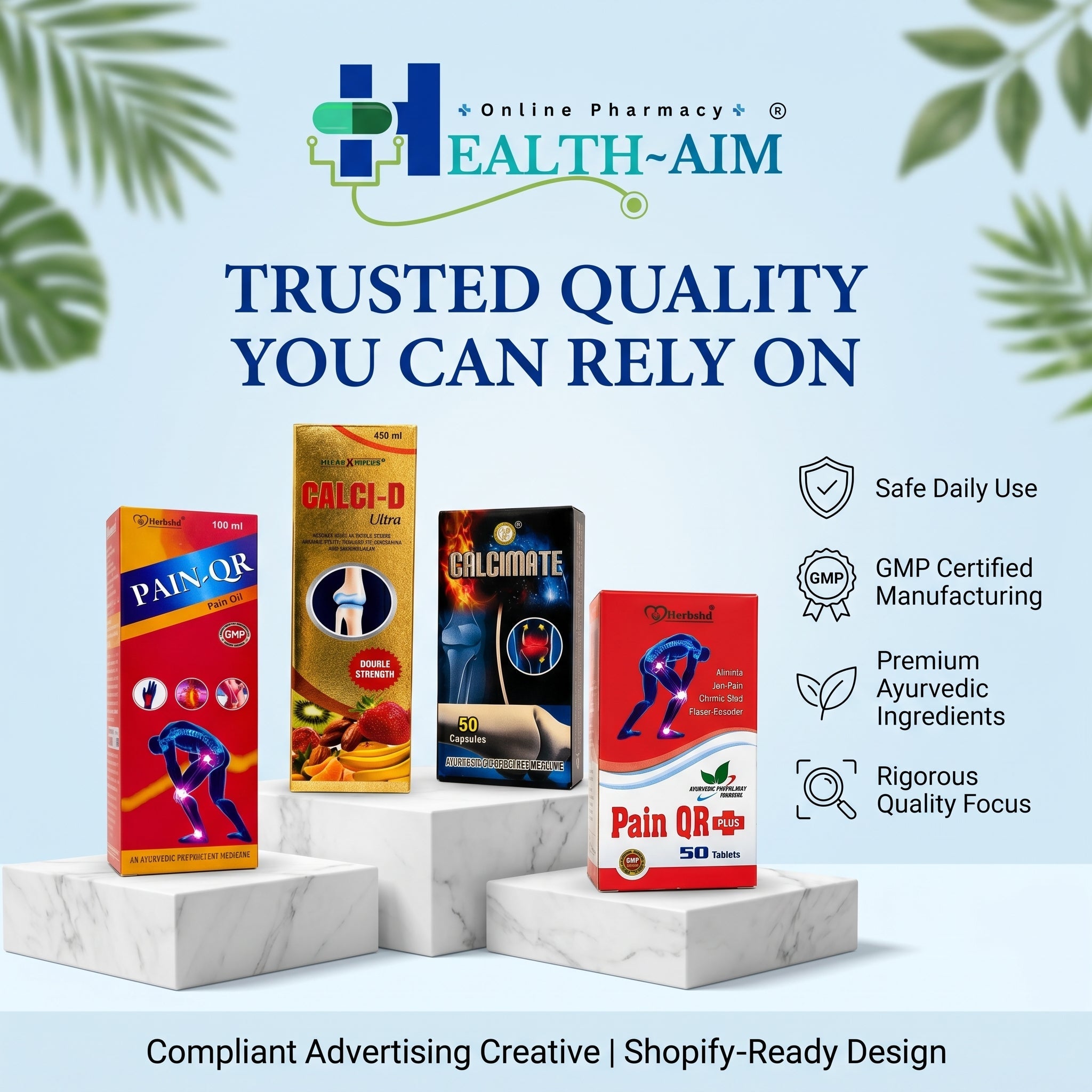 Ayurvedic Joint & Bone Wellness Combo : Pain Qr Plus Capsule & Oil and Calcimate Capsule & Calci - D Ultra Syrup Combo | 50Caps + 100ml + 50Caps + 450ml - HEALTH AIM PHARMACY