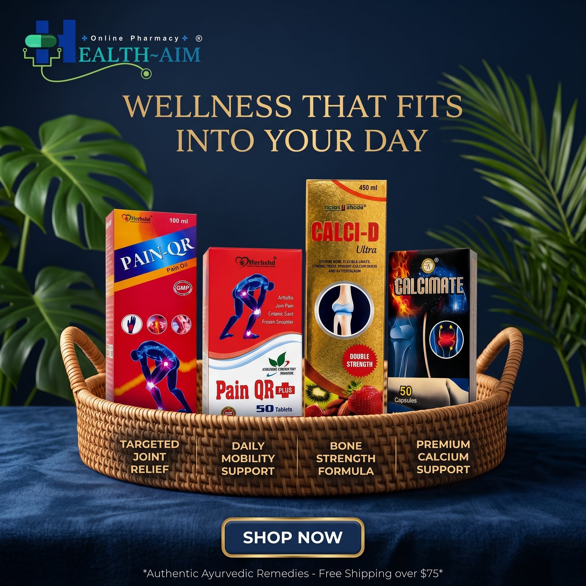Ayurvedic Joint & Bone Wellness Combo : Pain Qr Plus Capsule & Oil and Calcimate Capsule & Calci - D Ultra Syrup Combo | 50Caps + 100ml + 50Caps + 450ml - HEALTH AIM PHARMACY