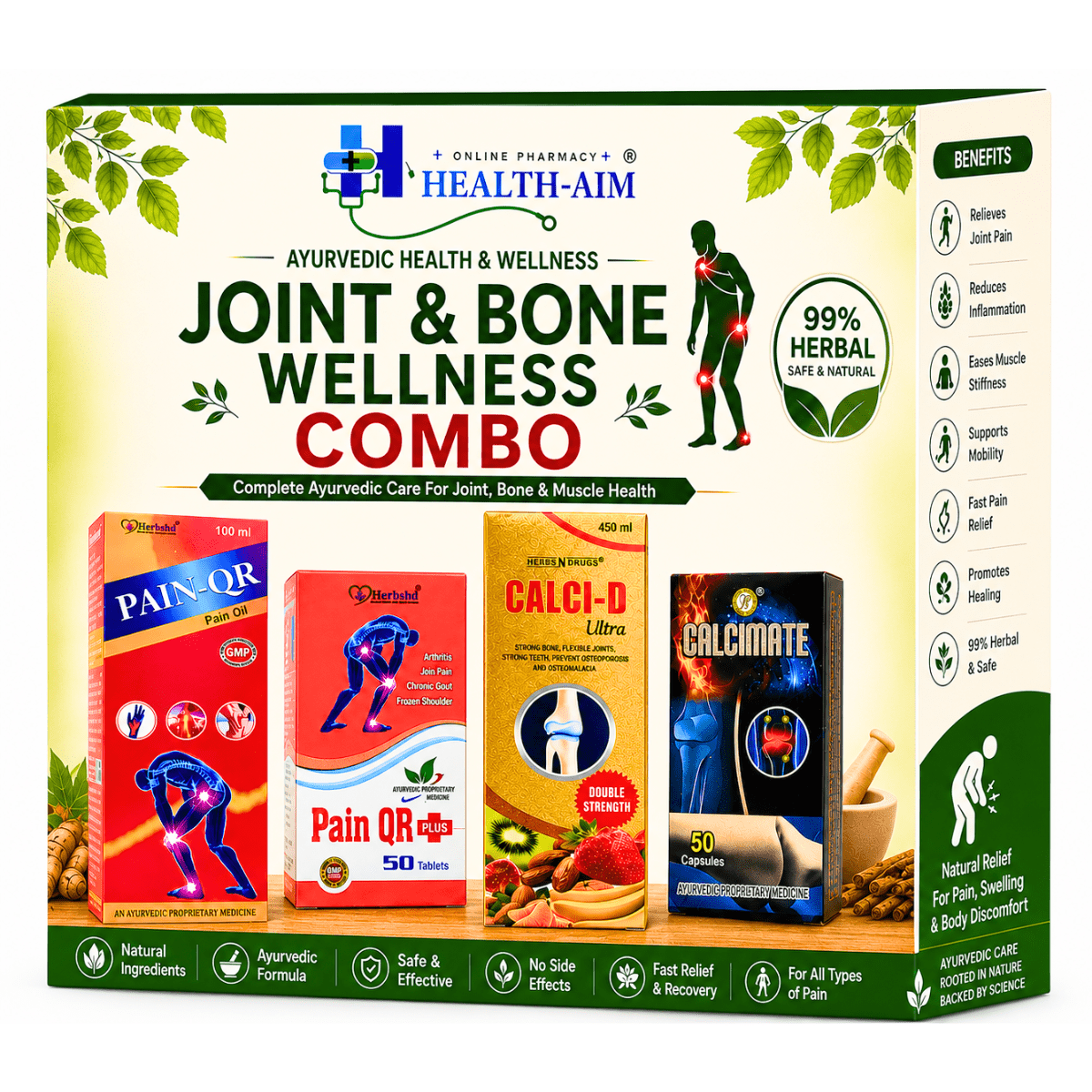 Ayurvedic Joint & Bone Wellness Combo : Pain Qr Plus Capsule & Oil and Calcimate Capsule & Calci - D Ultra Syrup Combo | 50Caps + 100ml + 50Caps + 450ml - HEALTH AIM PHARMACY