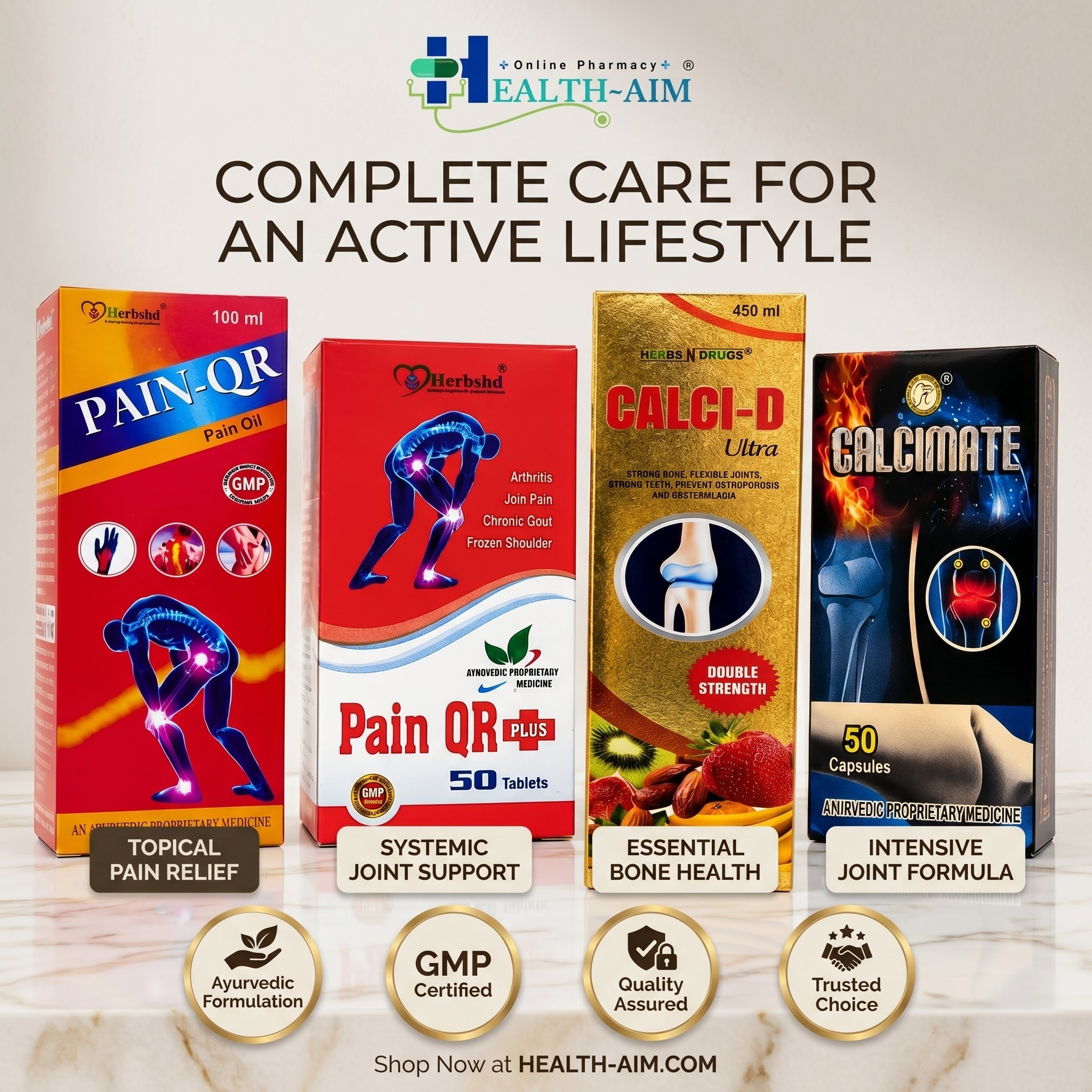 Ayurvedic Joint & Bone Wellness Combo : Pain Qr Plus Capsule & Oil and Calcimate Capsule & Calci - D Ultra Syrup Combo | 50Caps + 100ml + 50Caps + 450ml - HEALTH AIM PHARMACY