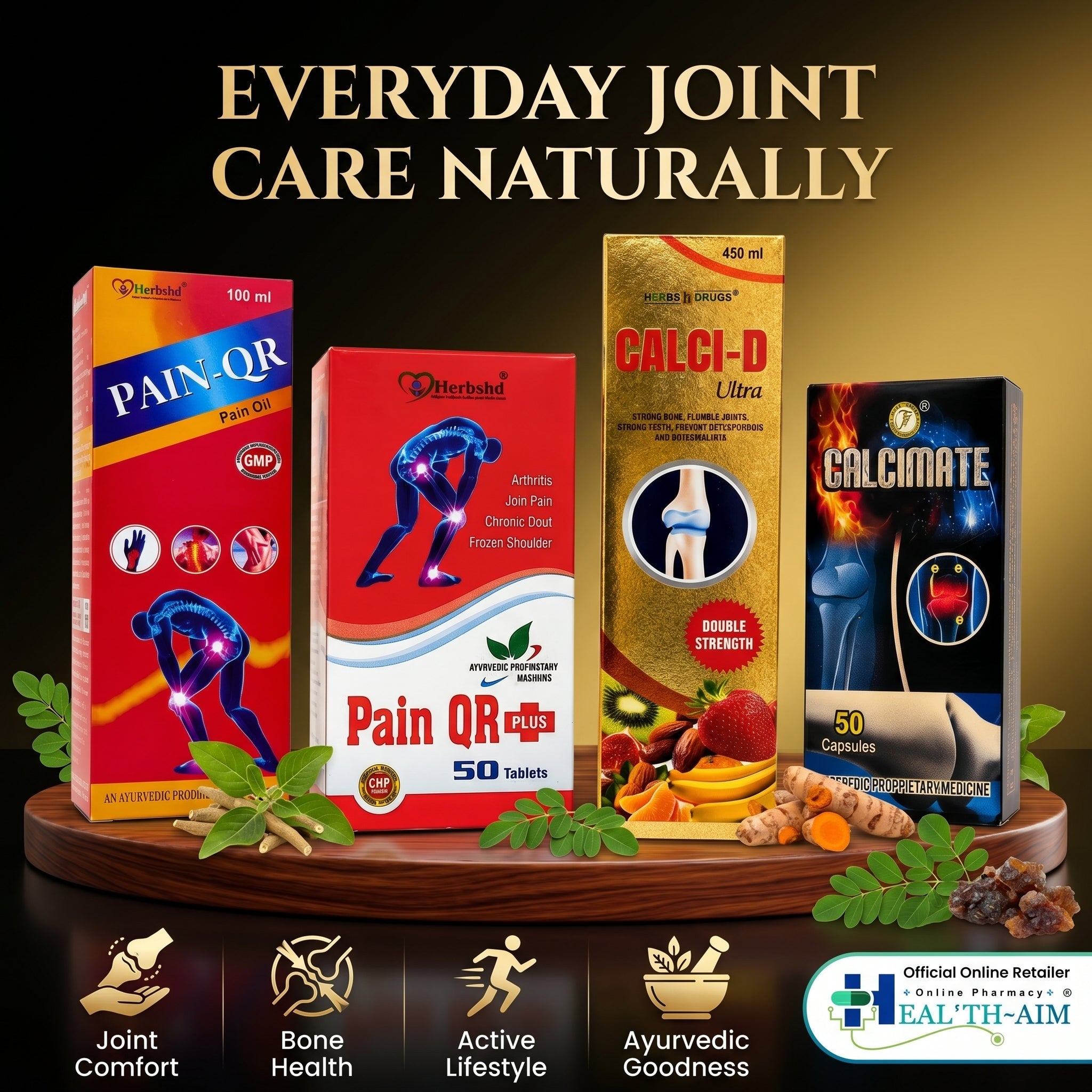 Ayurvedic Joint & Bone Wellness Combo : Pain Qr Plus Capsule & Oil and Calcimate Capsule & Calci - D Ultra Syrup Combo | 50Caps + 100ml + 50Caps + 450ml - HEALTH AIM PHARMACY